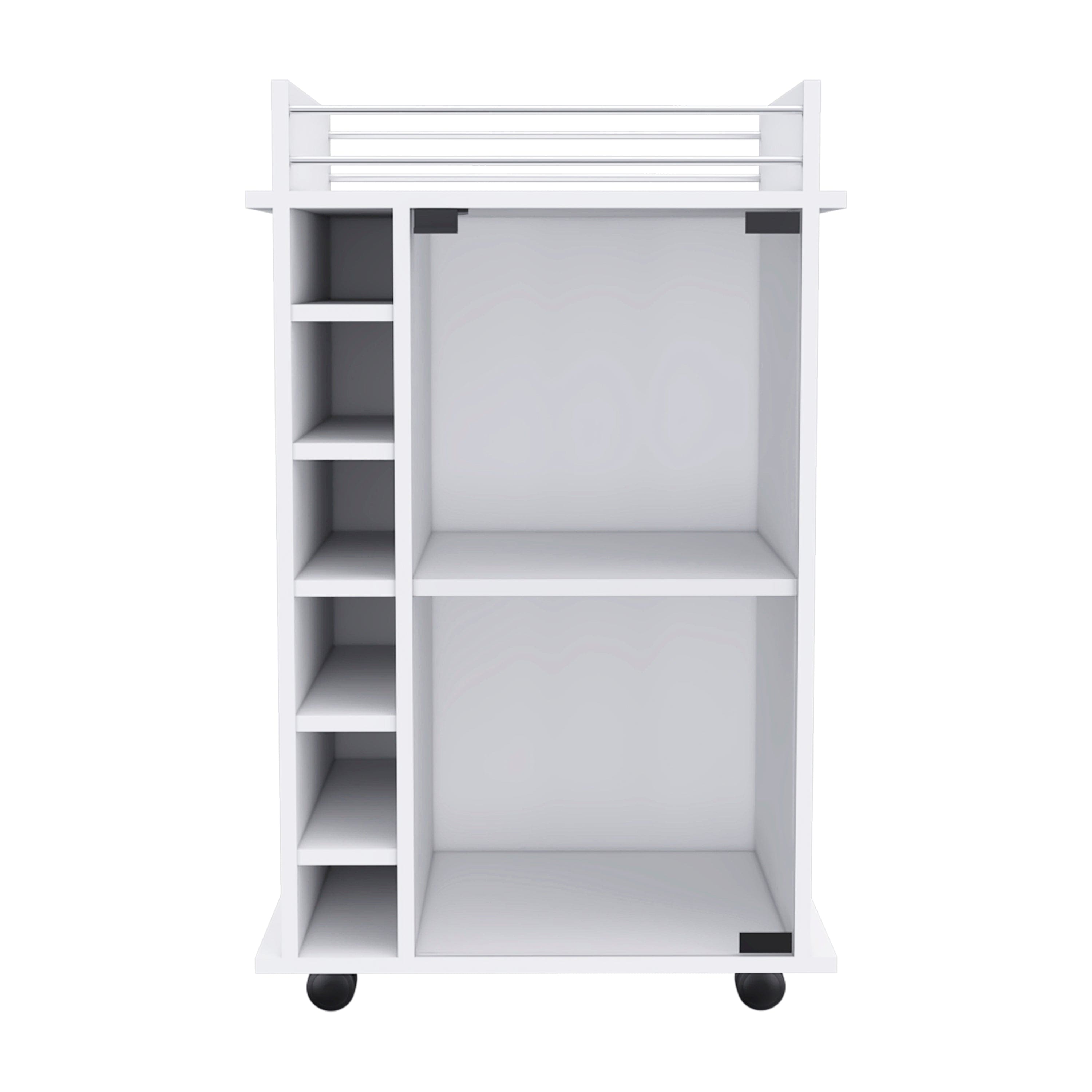 Bar Cart Baltimore, Six Wine Cubbies, Glass Door, Four Caster, Two Shelves, White Finish