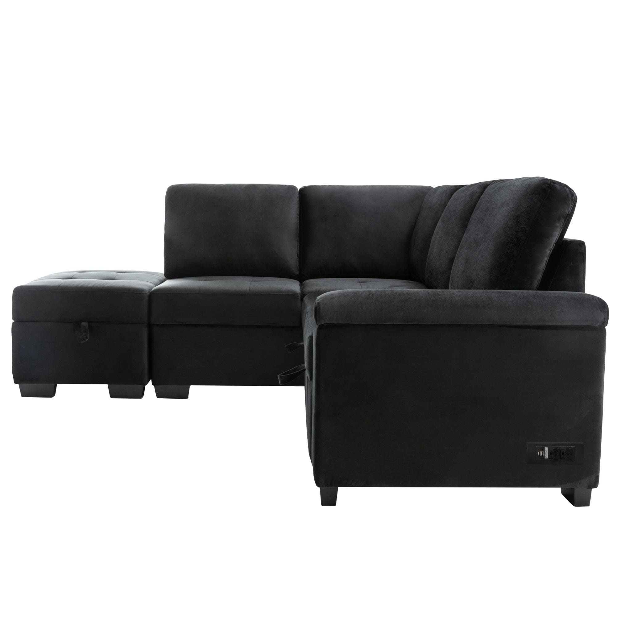 Sleeper Sectional Sofa, L-Shape Corner Couch Sofa-Bed with Storage Ottoman & Hidden Arm Storage & USB Charge  for Living Room Apartment, Black