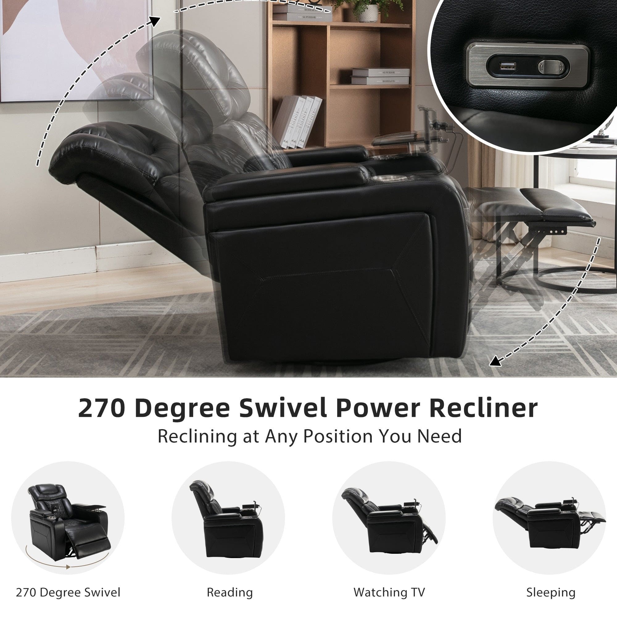 270 Degree Swivel PU Leather Power Recliner Individual Seat Home Theater Recliner with  Comforable Backrest, Tray Table,  Phone Holder, Cup Holder,  USB Port, Hidden Arm Storage for Living Room, Black