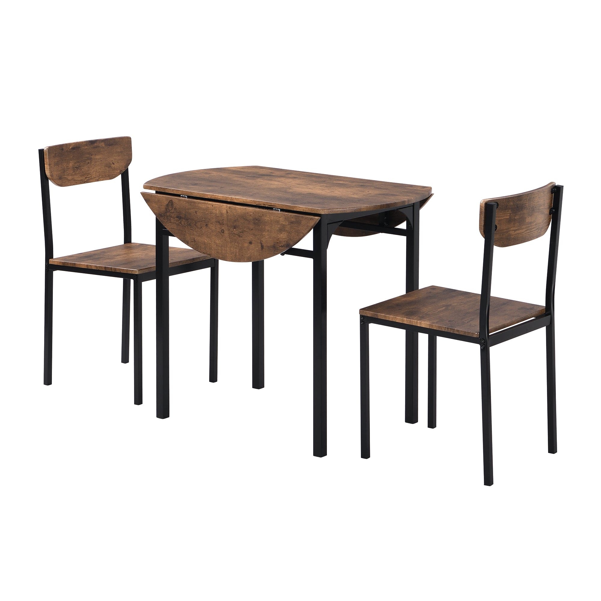 TOPMAX Modern 3-Piece Round Dining Table Set with Drop Leaf and 2 Chairs for Small Places,Black Frame+Rustic Brown Finish