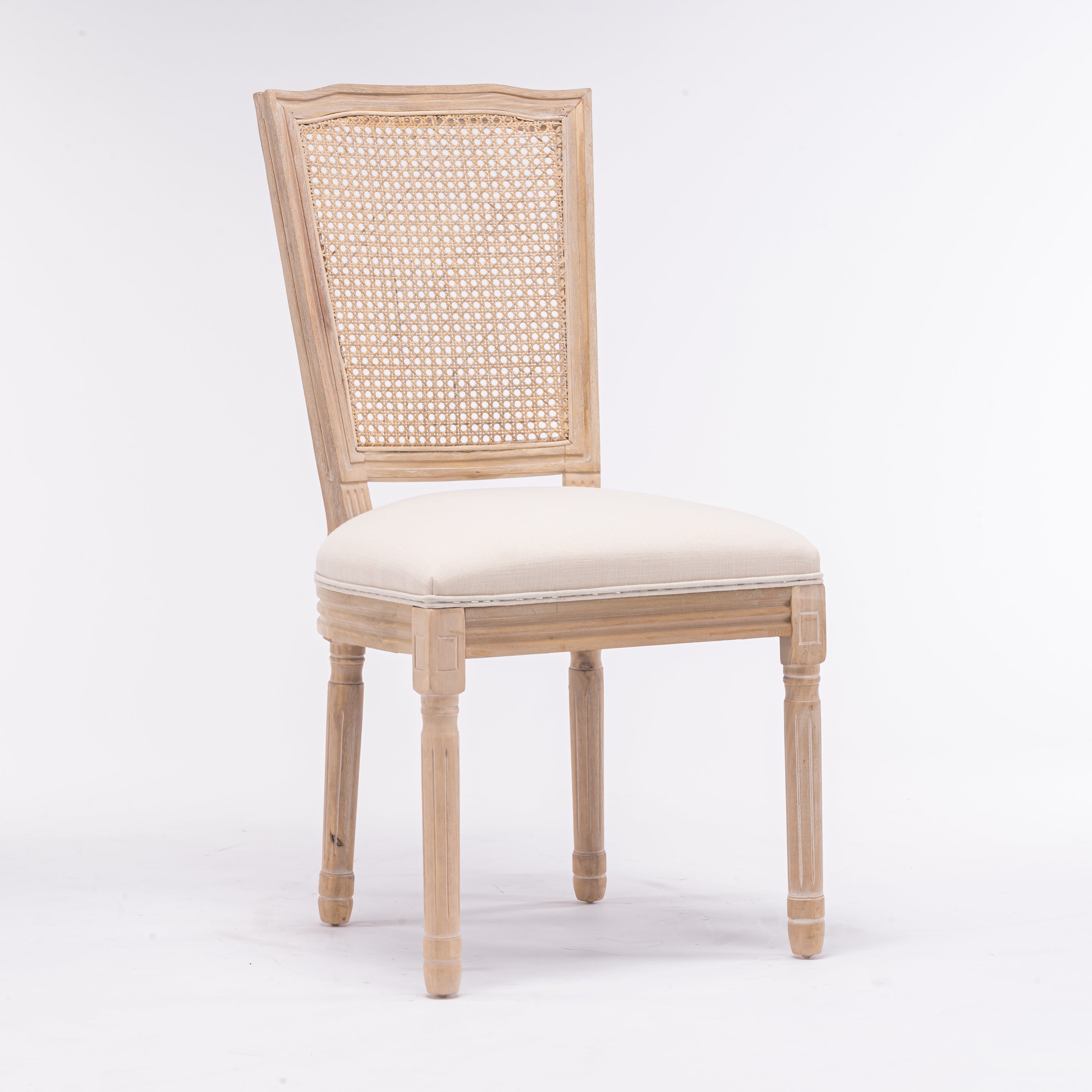 French Style Solid Wood Frame Antique Painting Linen Fabric Square Rattan Back Dining Chair,Set of 2,Cream