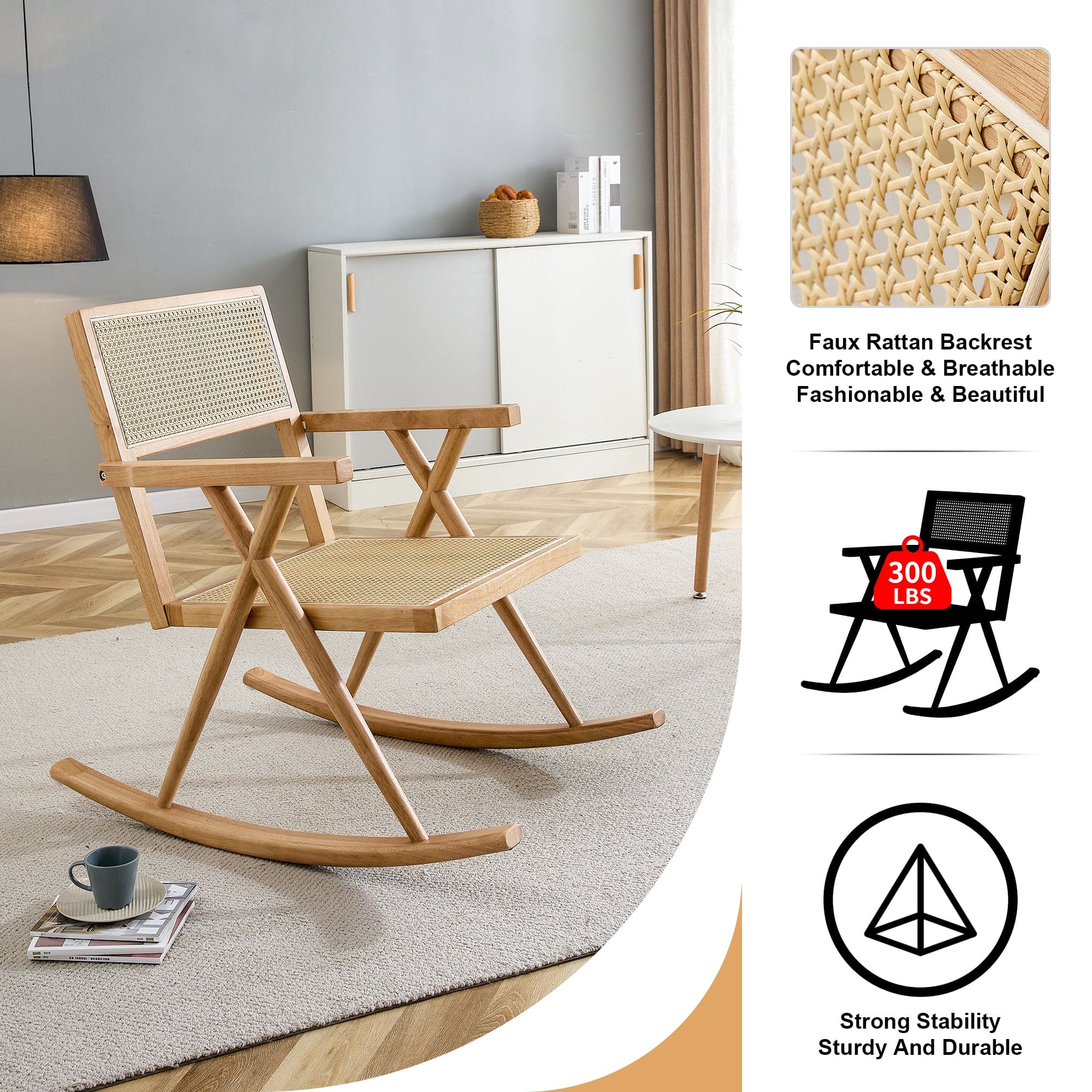 Solid wood+imitation rattan rocking chair allows you to relax quietly indoors and outdoors, enhancing your sense of relaxation, suitable for balconies, gardens, and camping sites