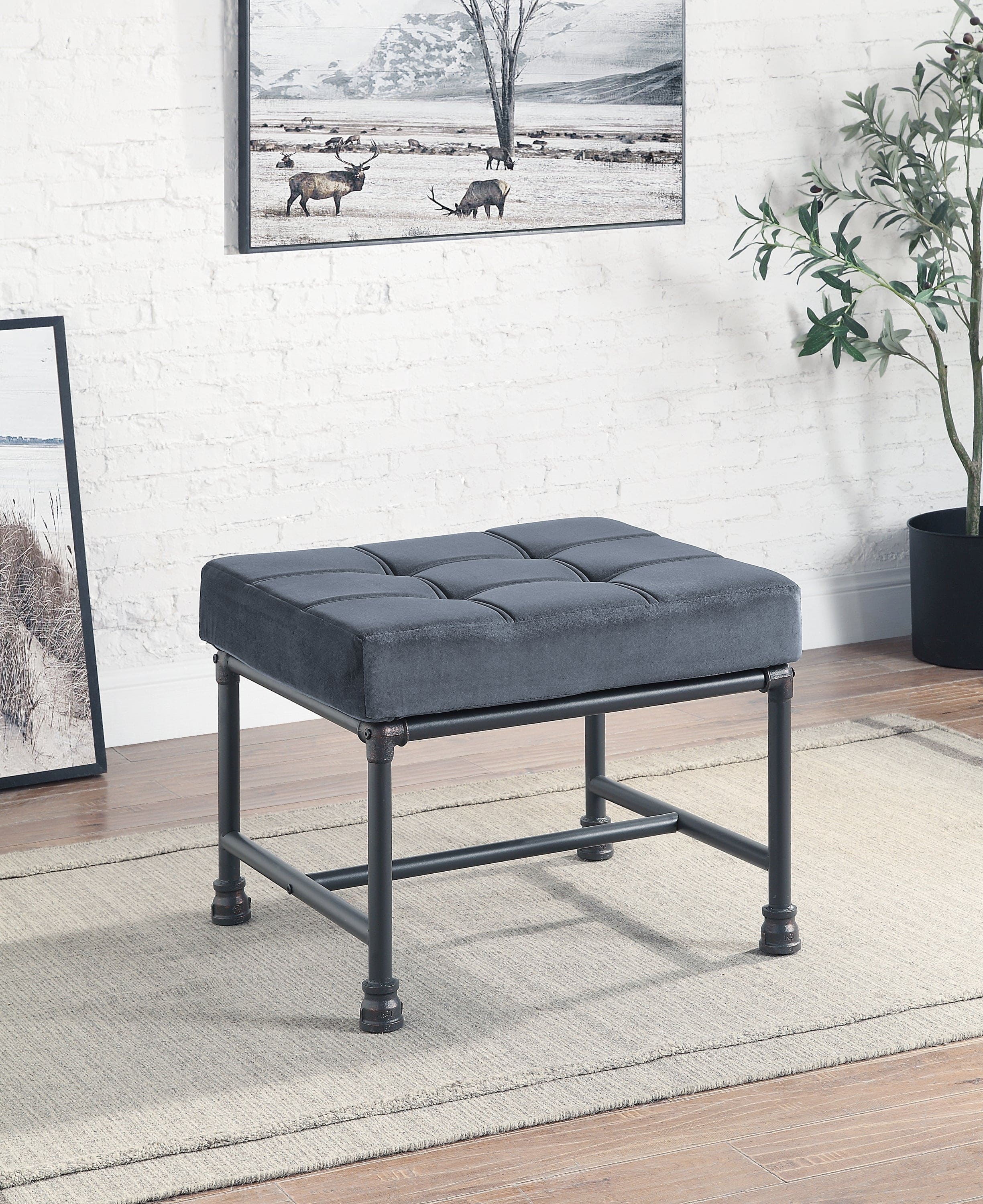 ACME Brantley Ottoman in Gray Velvet & Sandy Gray Finish AC00427