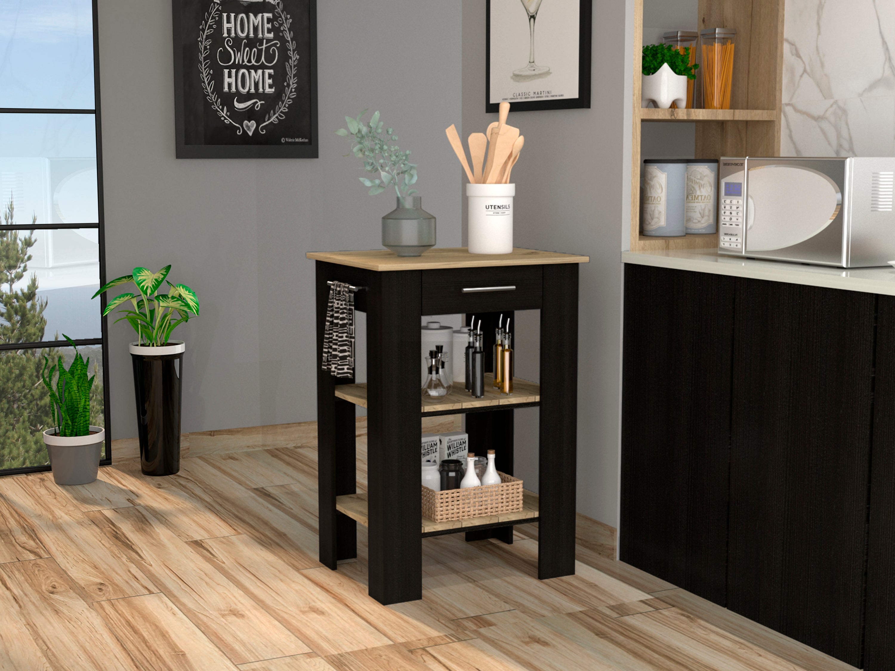 Rockaway 1-Drawer 2-Shelf Kitchen Island Black Wengue and Light Oak