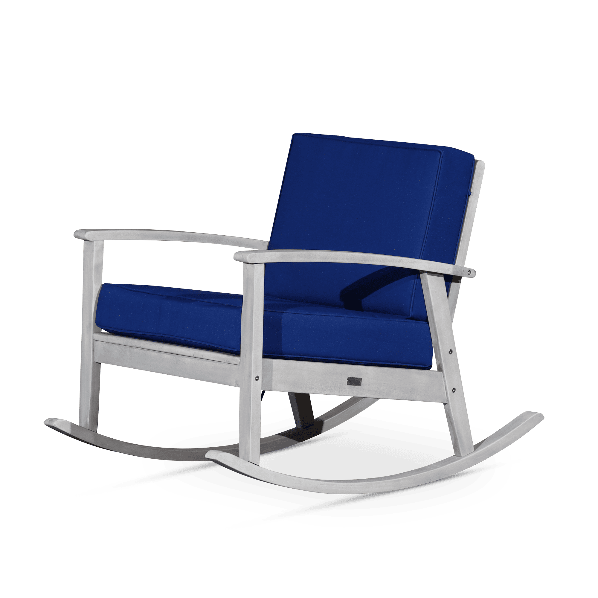 Eucalyptus Rocking Chair With Cushions, Silver Gray Finish, Navy Cushions