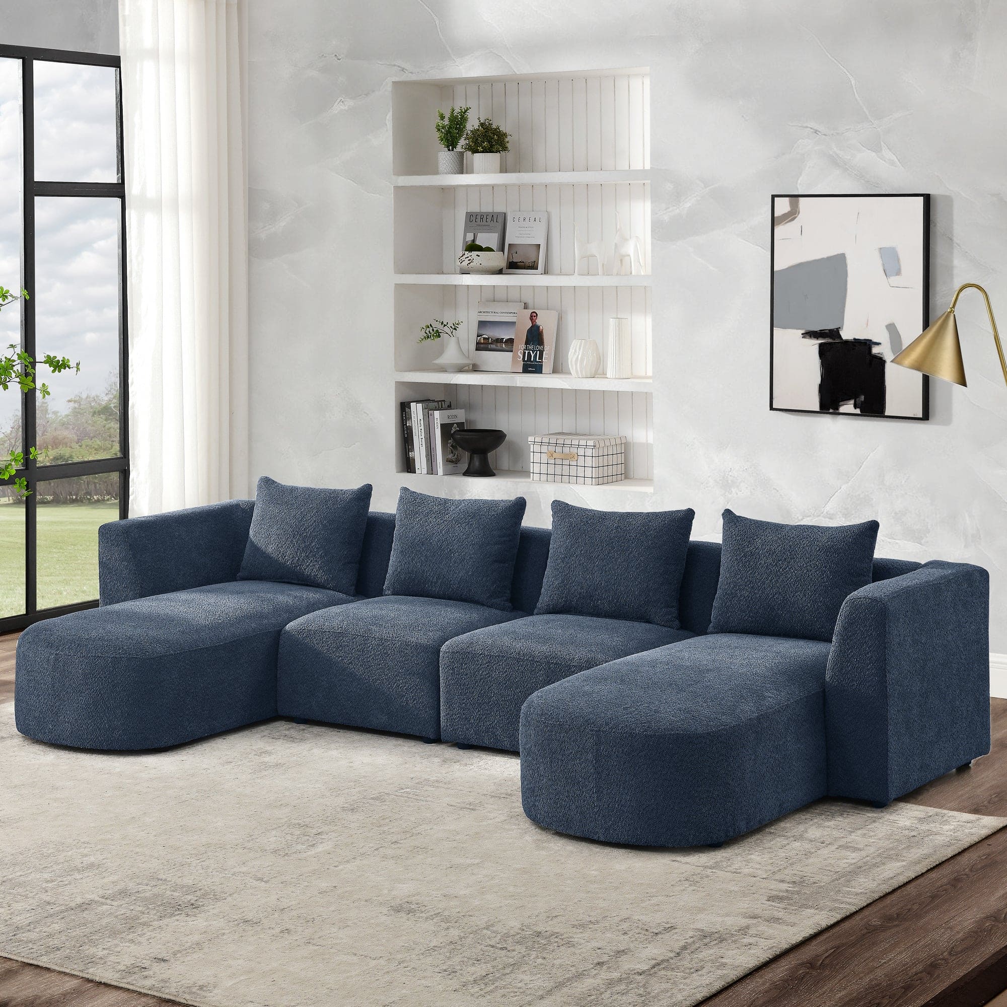 U Shape Sectional Sofa including Two Single Seats and Two Chaises, Modular Sofa, DIY Combination, Loop Yarn Fabric, Navy