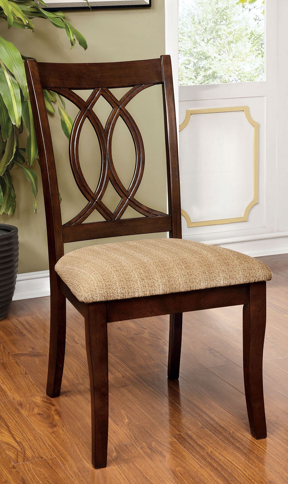 Classic Transitional Dining Chairs Brown Cherry Solid wood Padded Fabric Seat Set of 2 Side Chairs Dining Room Furniture Beautifully-crafted chairs