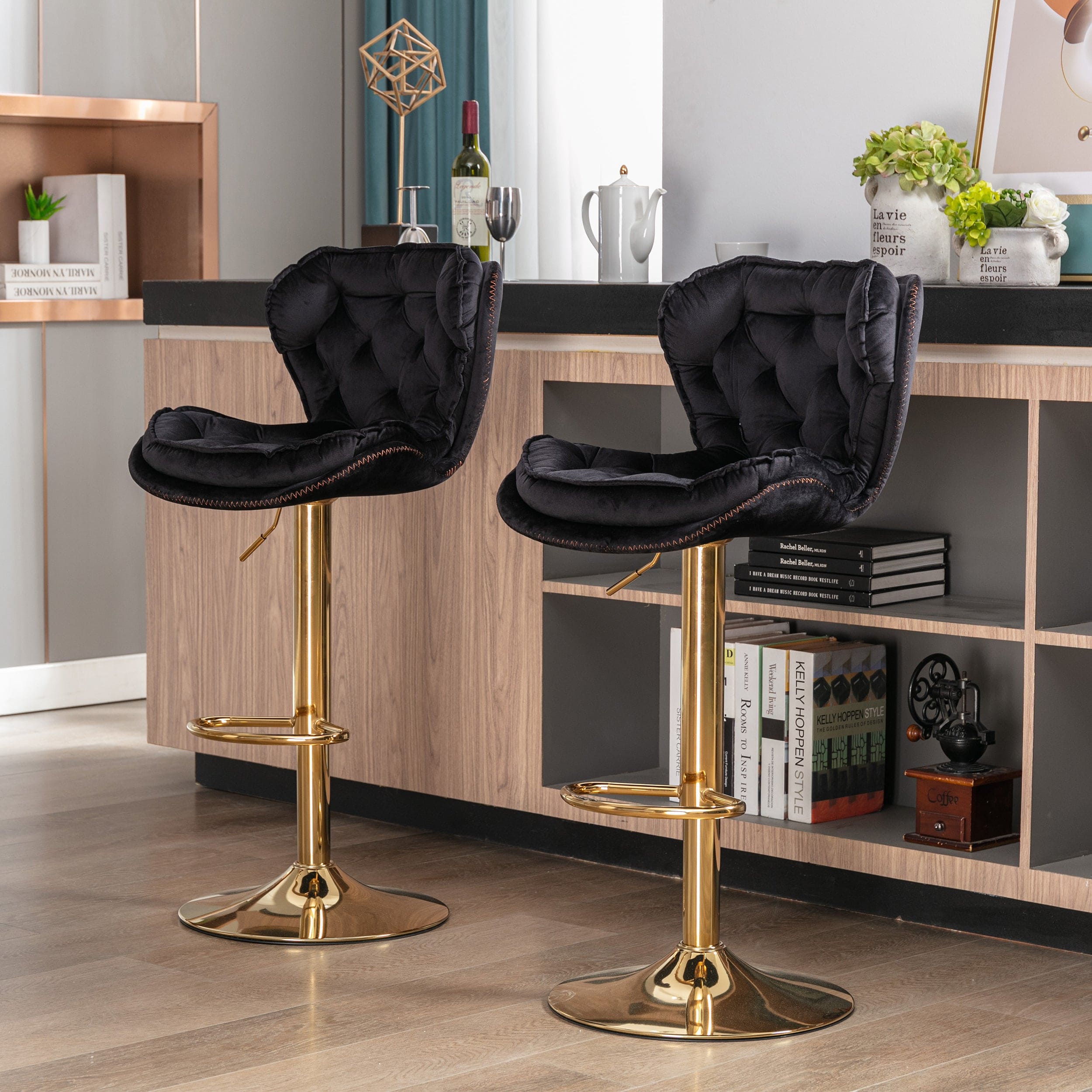 Set of 2  Bar Stools,with Chrome Footrest and Base Swivel Height Adjustable Mechanical Lifting Velvet + Golden Leg Simple Bar Stool-black