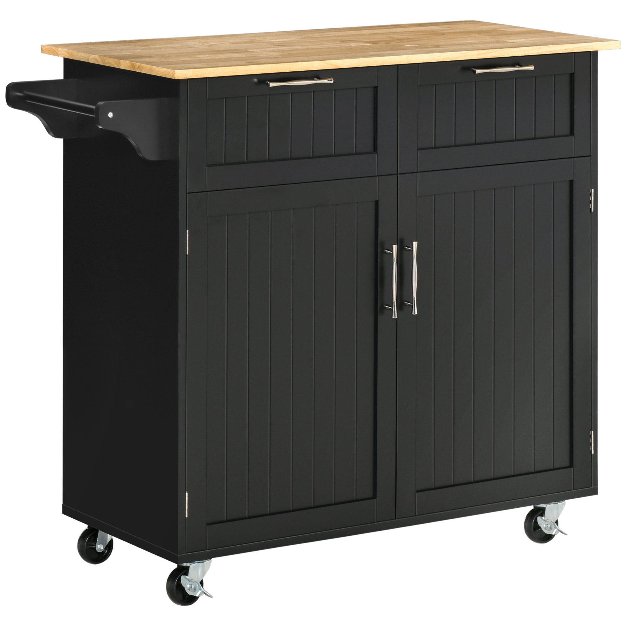 HOMCOM 41" Modern Rolling Kitchen Island on Wheels, Utility Cart Storage Trolley with Rubberwood Top & Drawers, Black