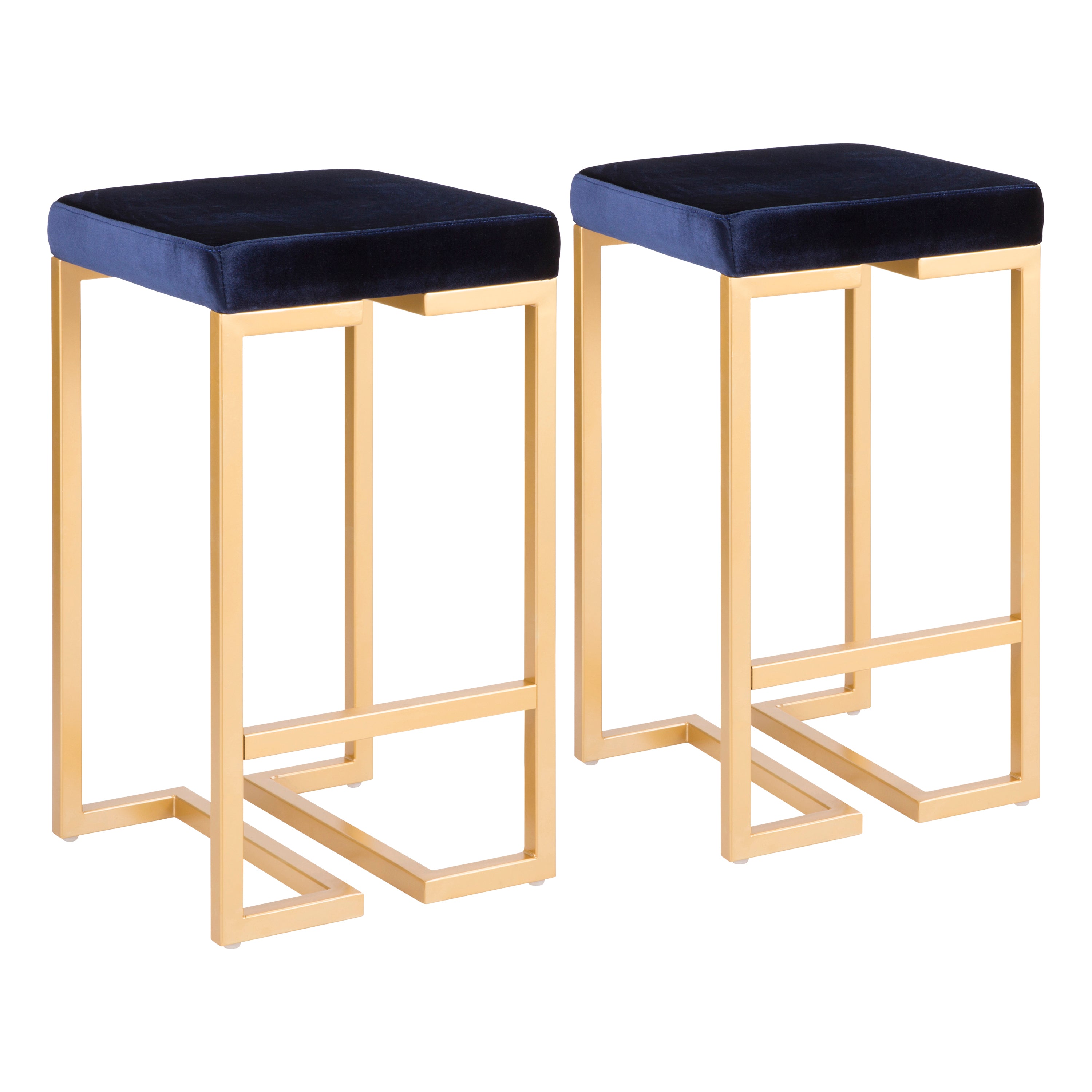 Midas 26" Contemporary-Glam Counter Stool in Gold with Blue Velvet Cushion by LumiSource - Set of 2