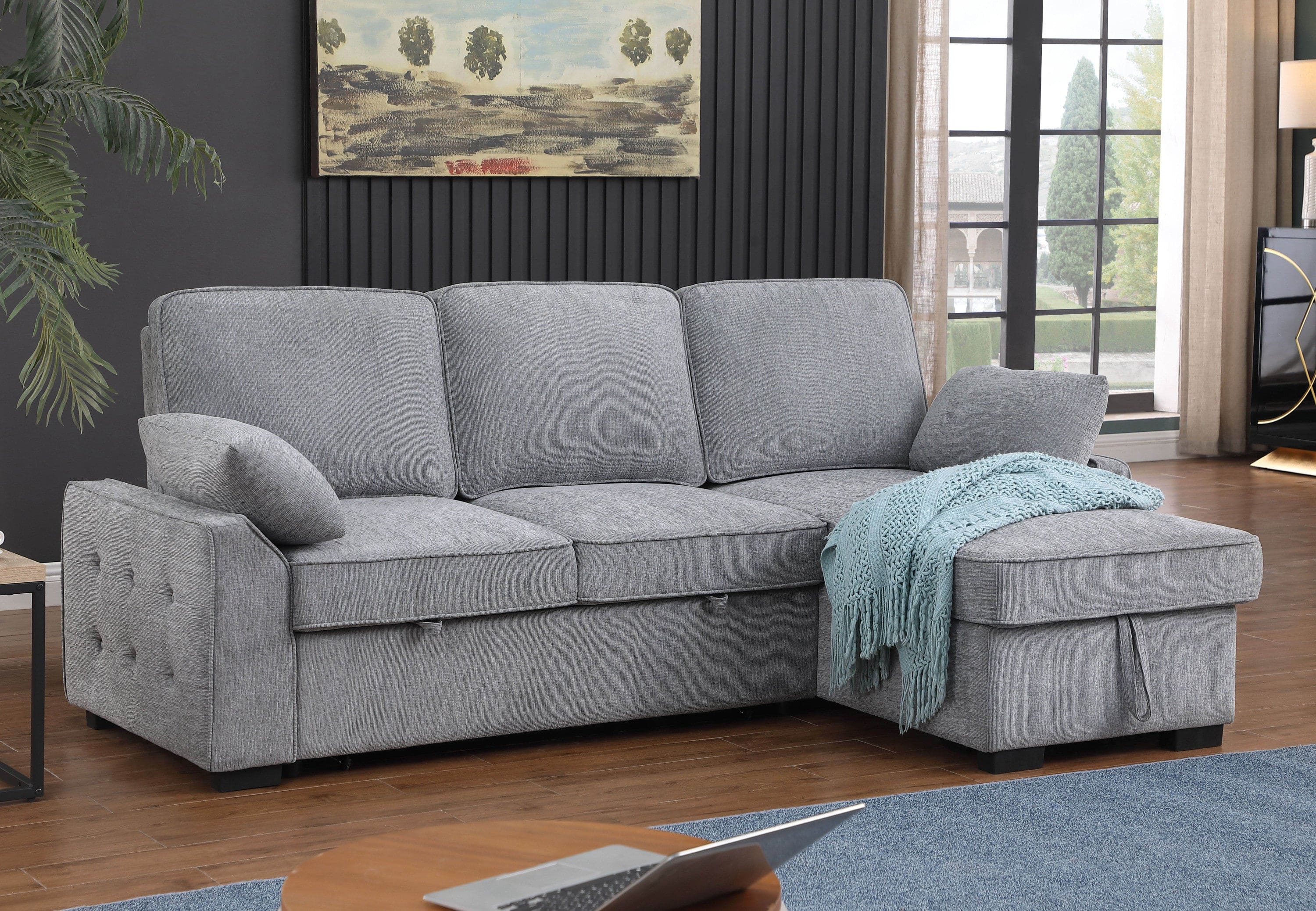 Mackenzie Light  Gray Chenille Fabric Reversible Sleeper Sectional with Storage Chaise, Drop-Down Table, Cup Holders and Charging Ports