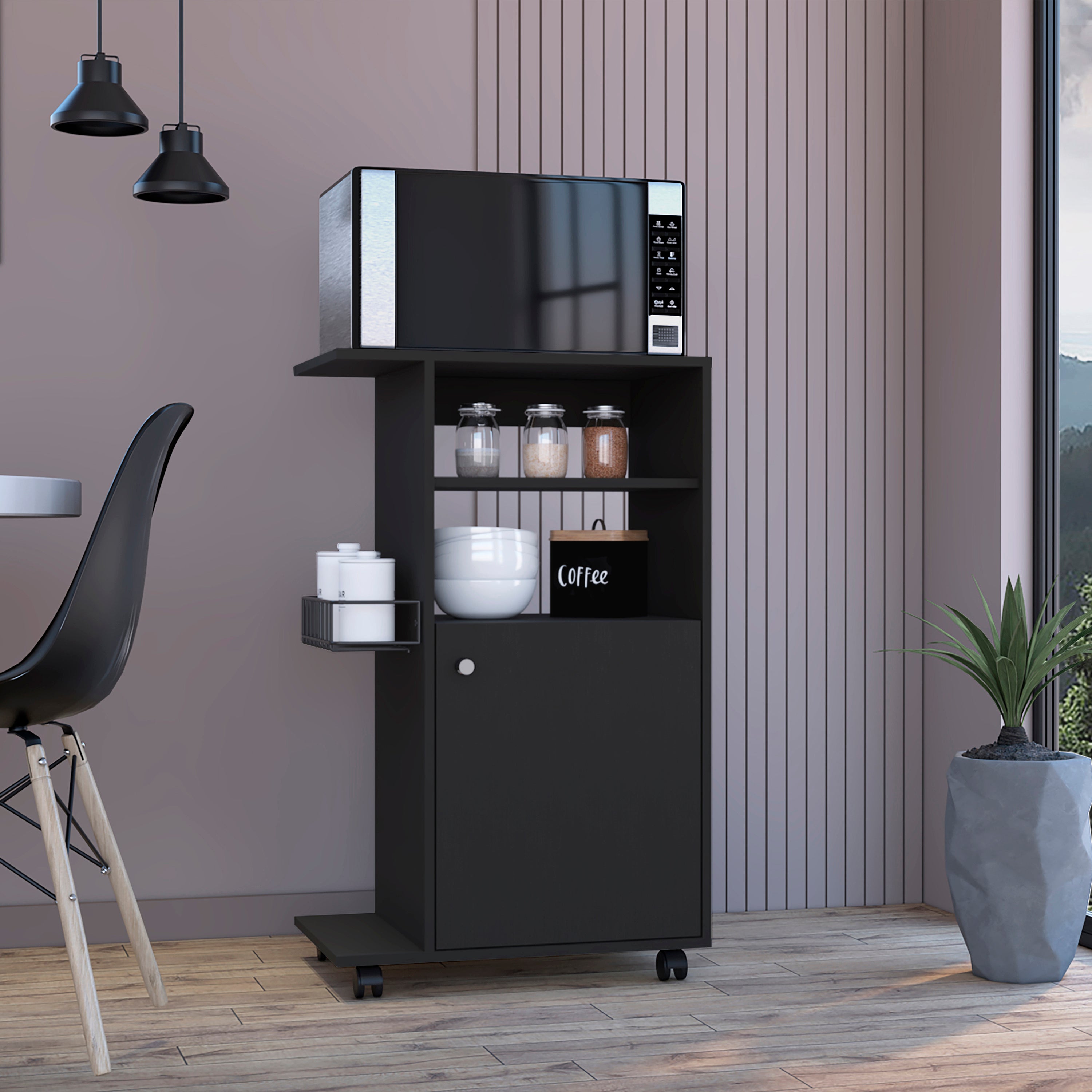 Clip Kitchen Cart, Single Door Cabinet, Four Casters -Black