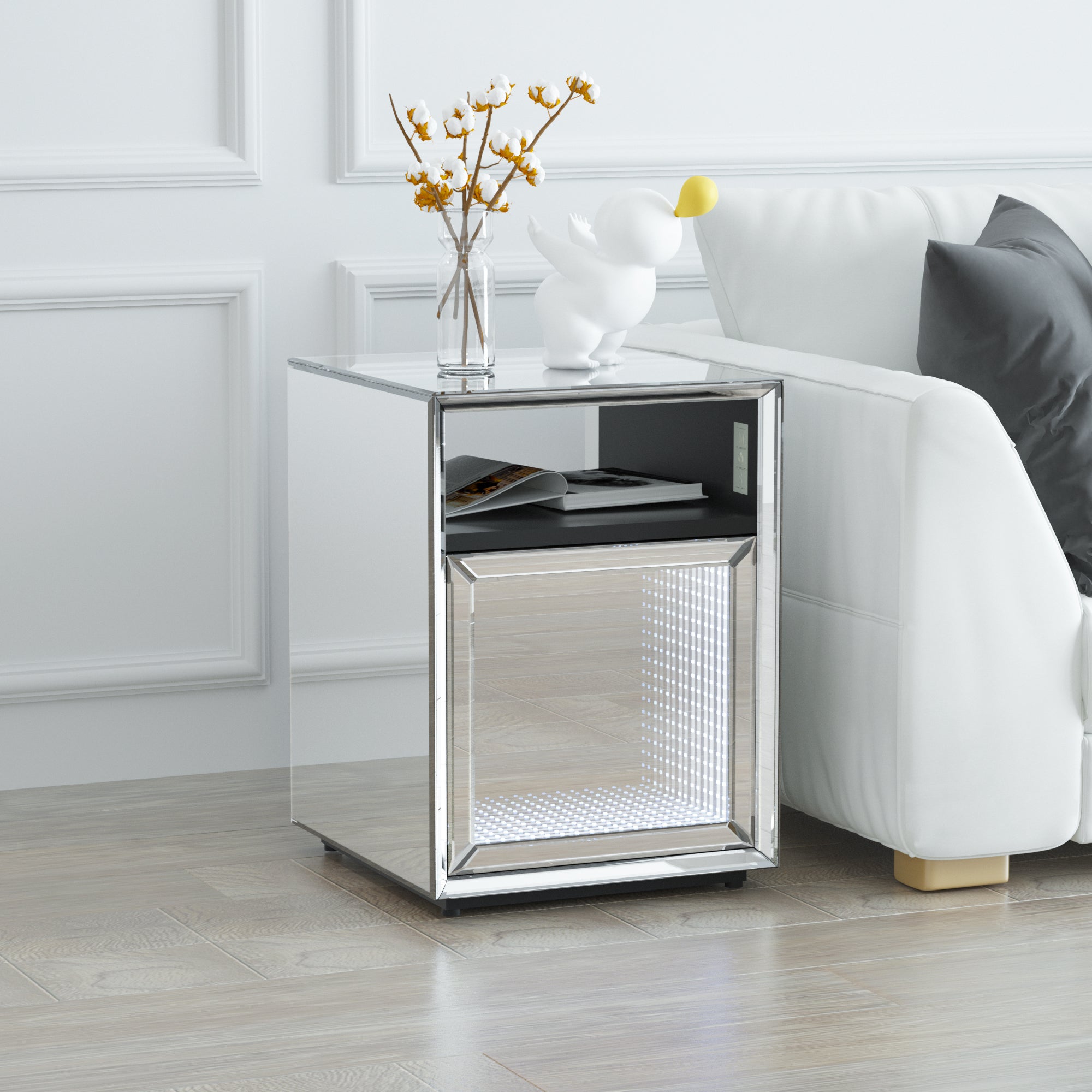 Mirrored Nightstand, LED Nightstand, Smart Bedside Table,Silver End Table (Built-in 142 Dynamic Effects and 18 Music Effects)