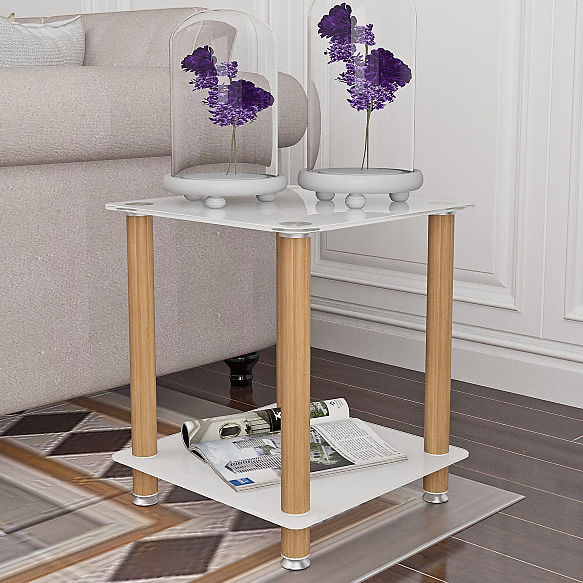 1-Piece White+Oak Side Table , 2-Tier Space End Table ,Modern Night Stand, Sofa table, Side Table with Storage Shelve