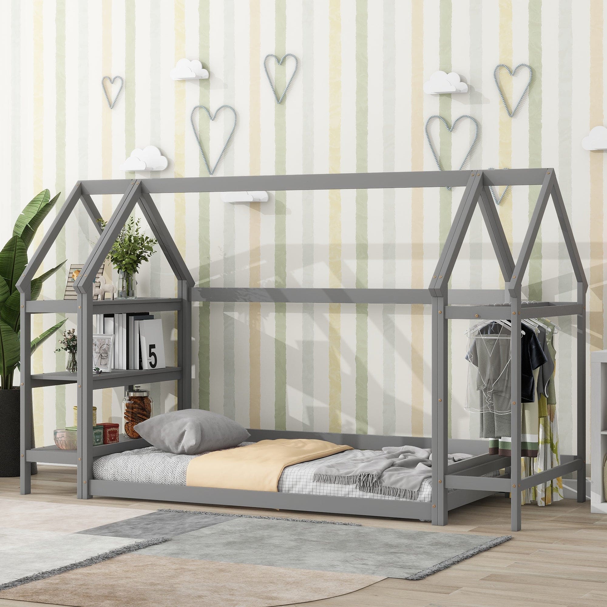 Twin House-Shaped Floor Bed with 2 Detachable Stands,Grey