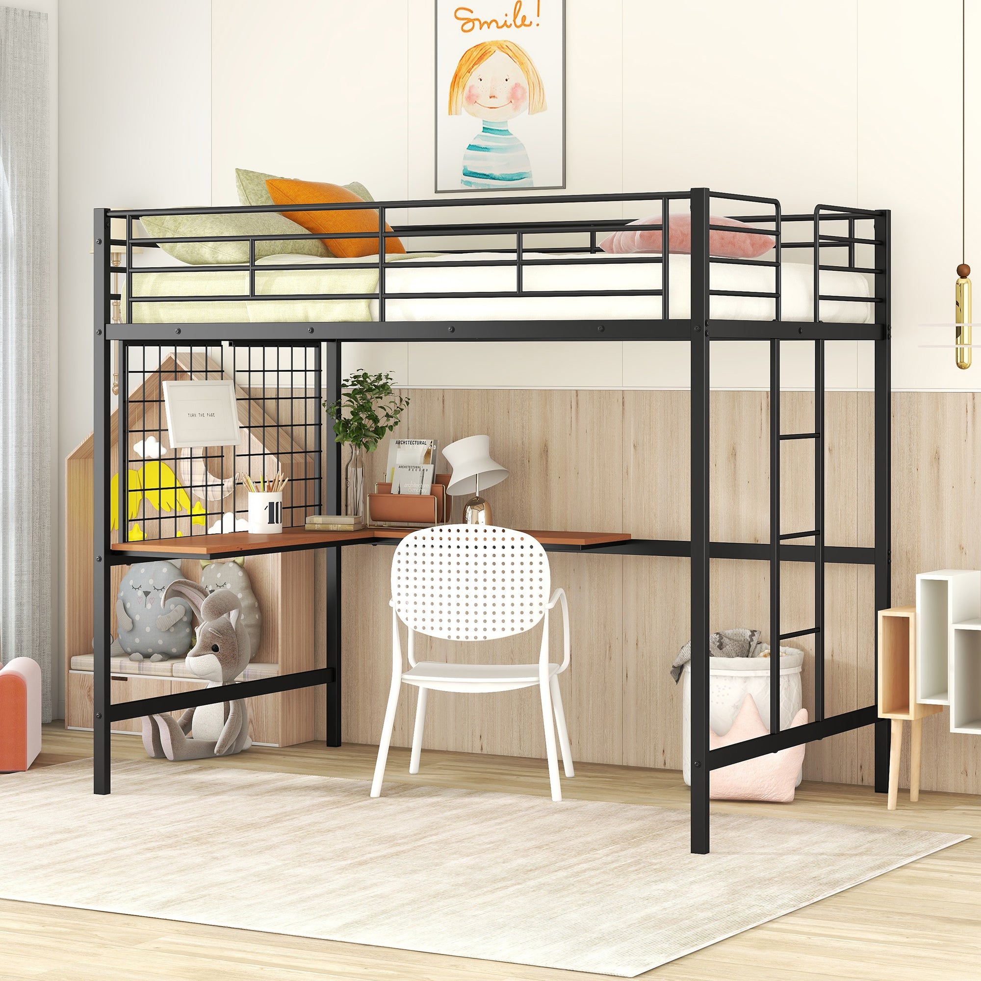 Full Metal Loft Bed with Desk and Metal Grid, Black