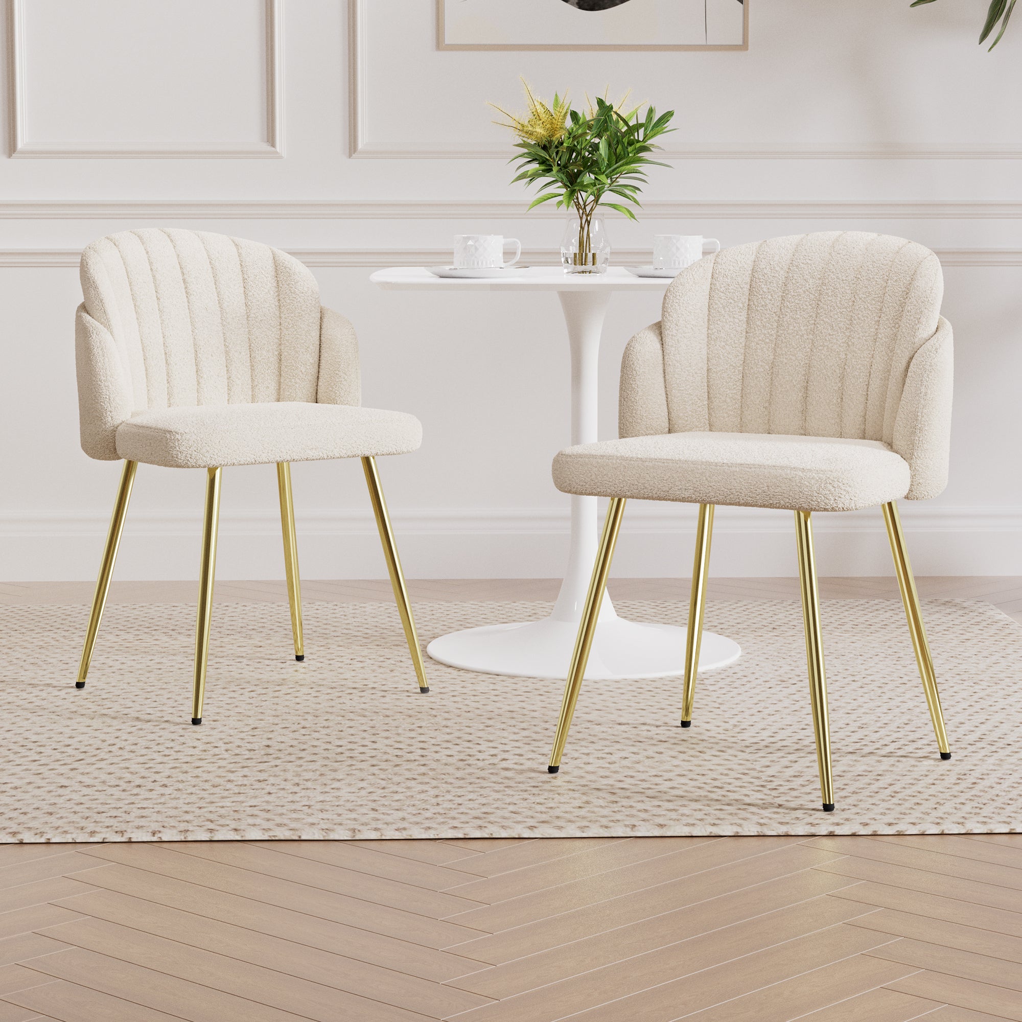 Modern simple teddy fleece dining chair Fabric Upholstered Chairs home bedroom stool back dressing chair gold metal legs(set of 2)