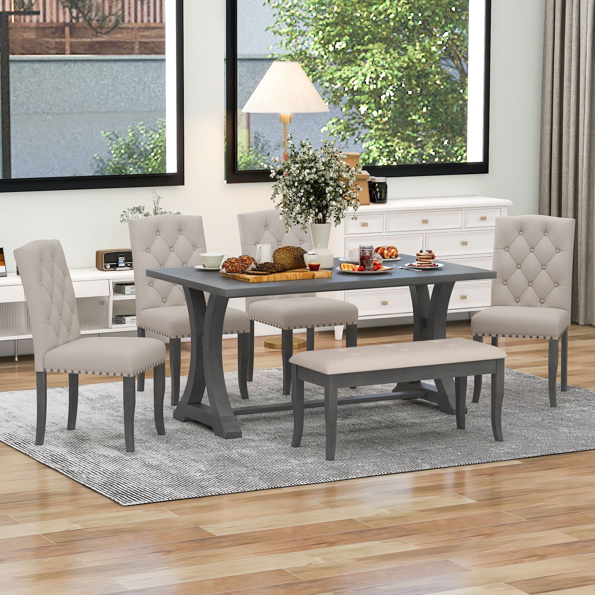 TREXM 6-Piece Farmhouse Dining Table Set, Rectangular Trestle Table and 4 Upholstered Chairs & Bench for Dining Room (Antique Gray)