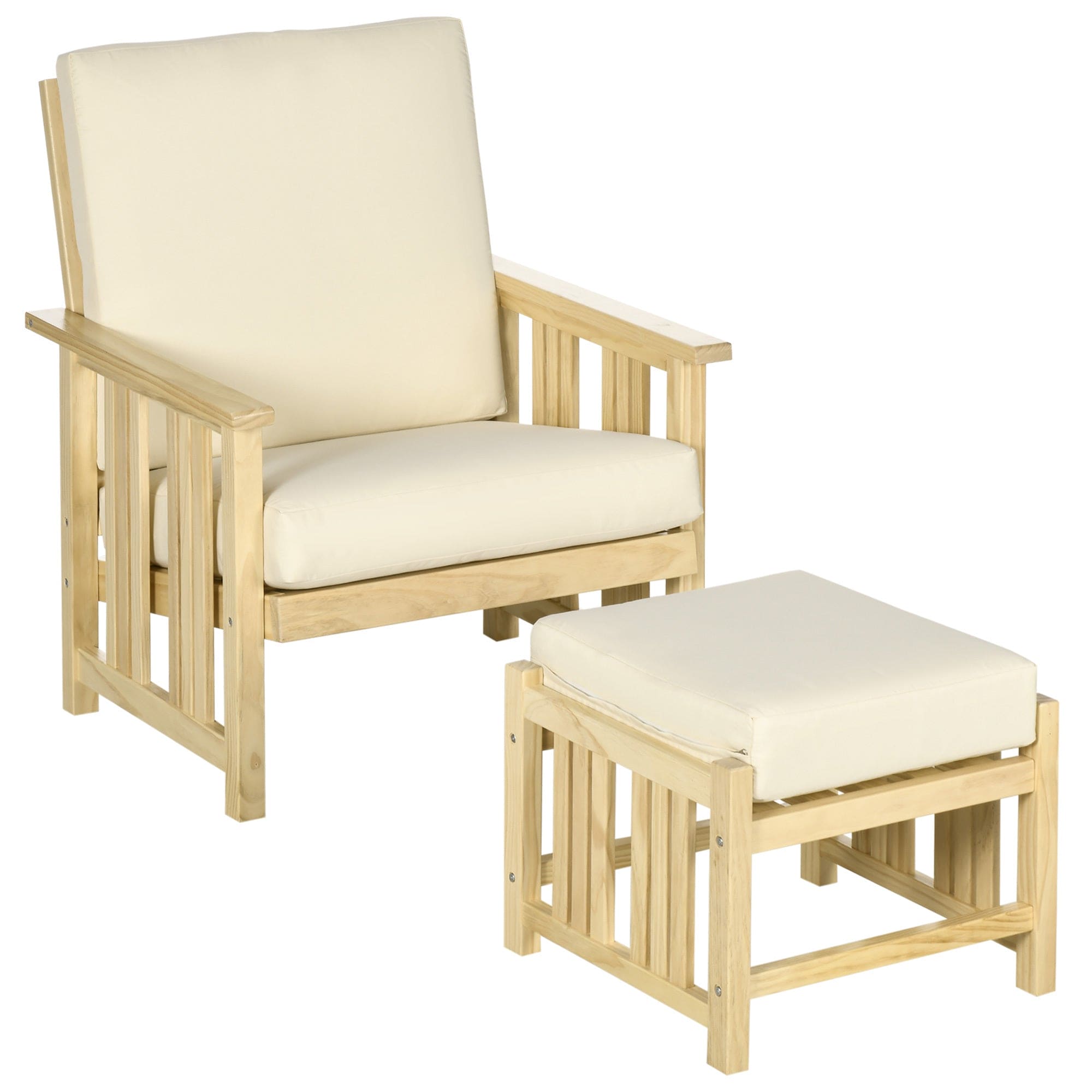 Outsunny Patio Furniture Set, Wood Outdoor Patio Chair with Ottoman, 2 Piece Cushioned Outdoor Lounge Chair, Sofa Chair with Footrest, Beige