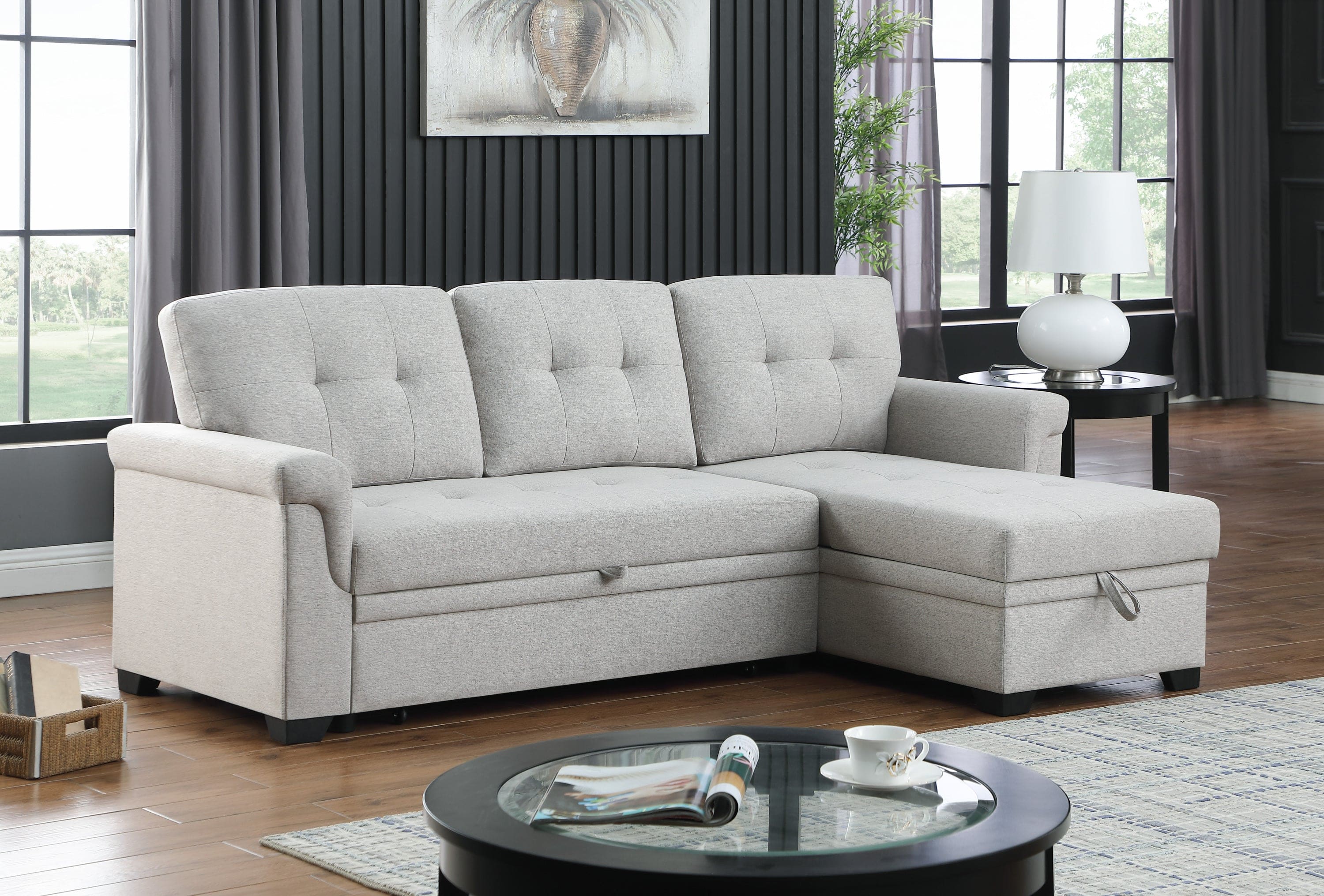 Lucca Light Gray Linen Reversible Sleeper Sectional Sofa with Storage Chaise