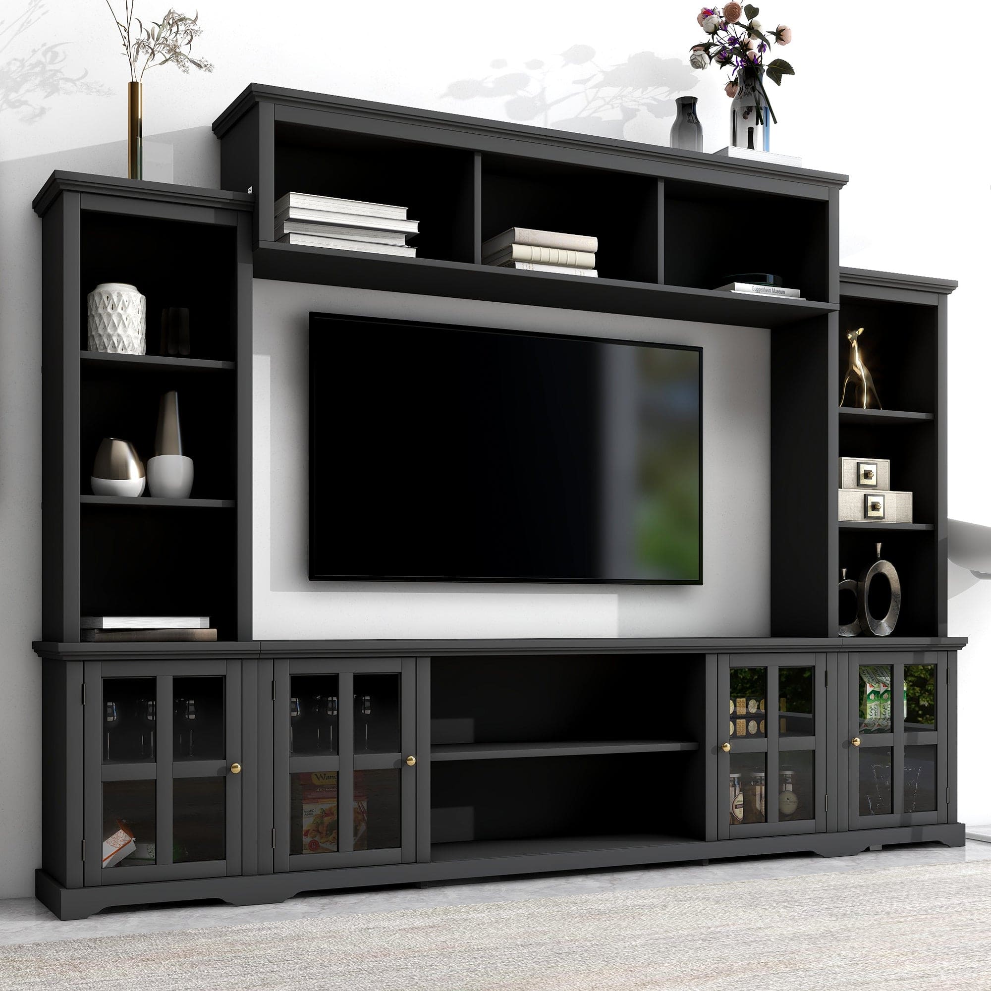 ON-TREND Minimalism Style Entertainment Wall Unit with Bridge, Modern TV Console Table for TVs Up to 70", Multifunctional TV Stand with Tempered Glass Door, Black (Old SKU: SD000009AAB)