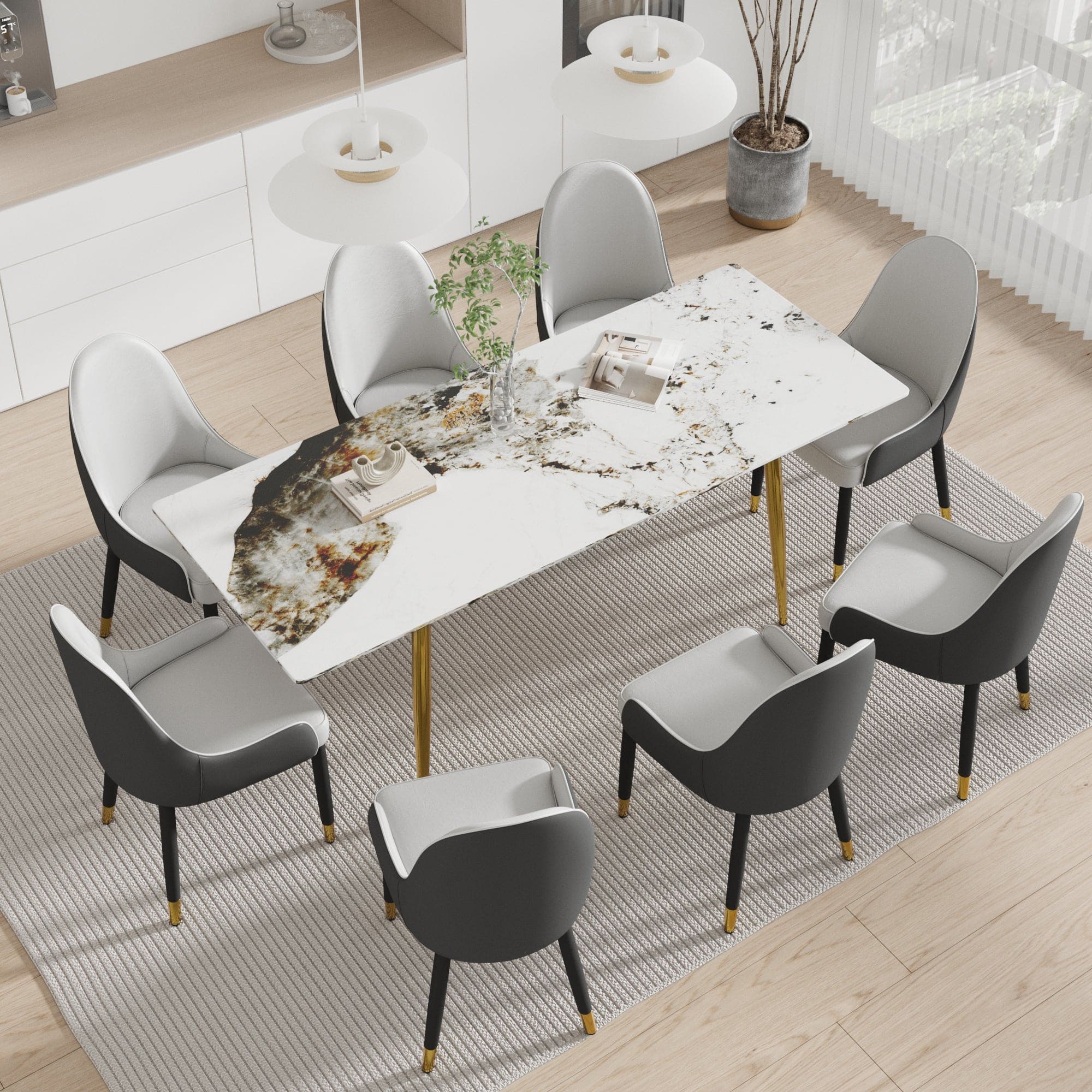 78.74" modern artificial stone pandora white straight edge golden metal leg dining table-can accommodate 8 people