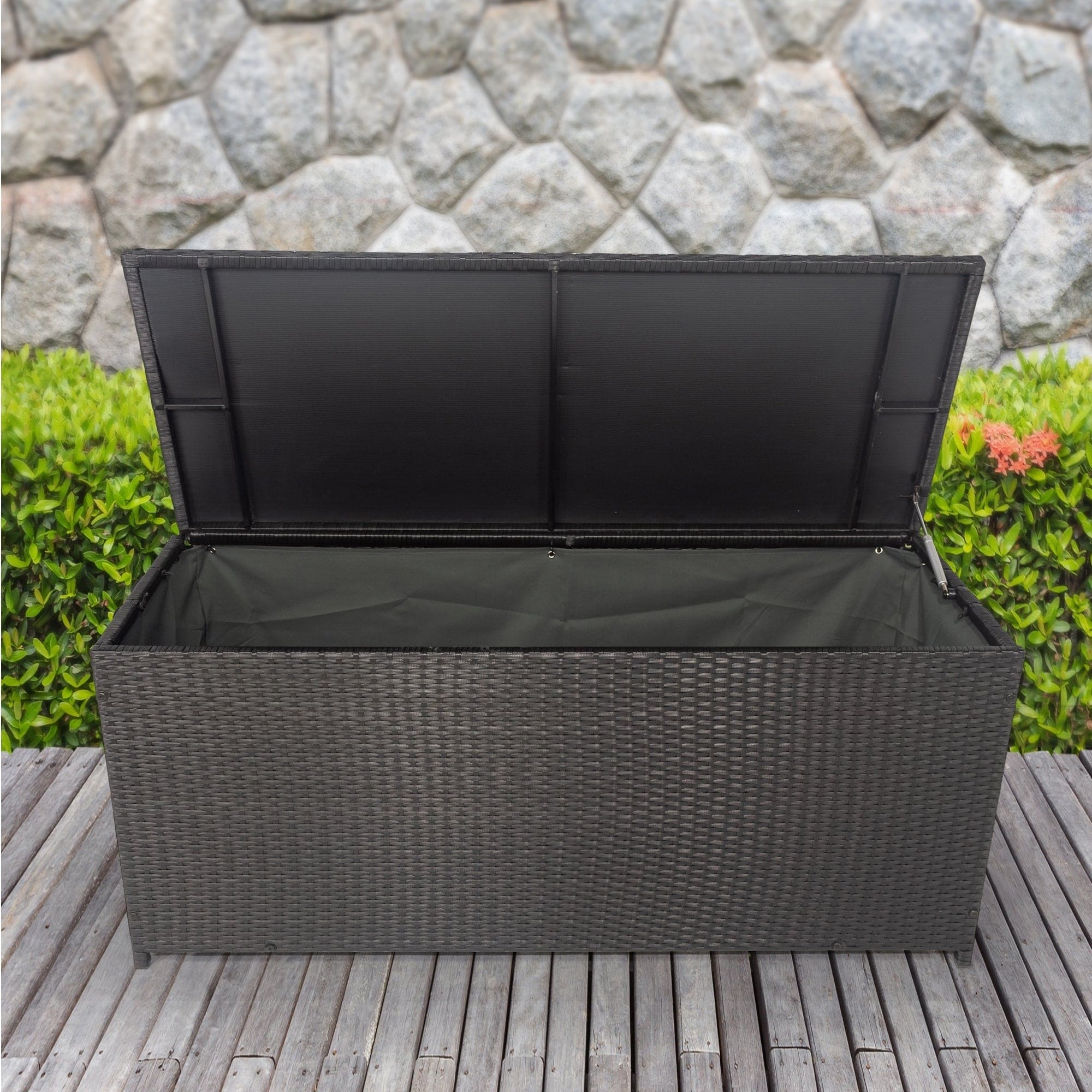 Outdoor Storage Box, 113 Gallon Wicker Patio Deck Boxes with Lid, Outdoor Cushion Storage Container Bin Chest for Kids Toys, Pillows, Towel Black