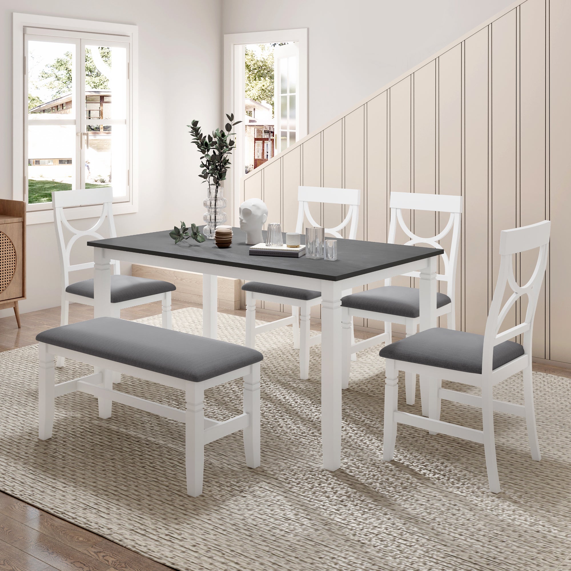 TOPMAX 6-Piece Wood Dining Table Set Kitchen Table Set with Upholstered Bench and 4 Dining Chairs, Farmhouse Style,Gray+White