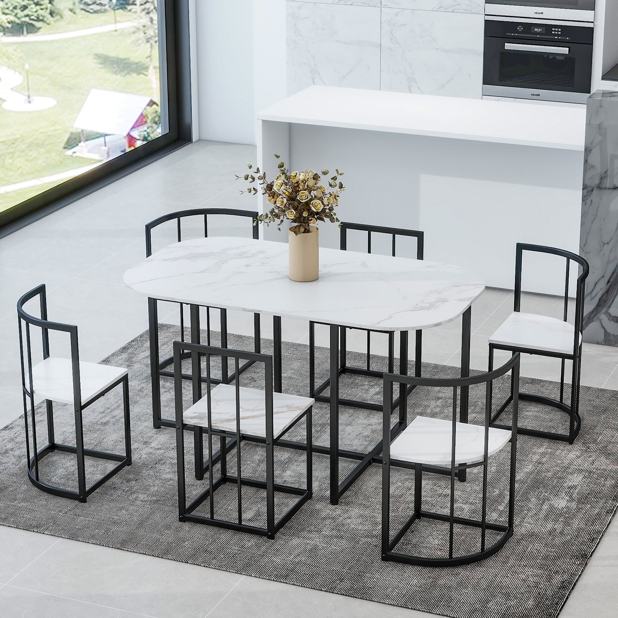 TOPMAX Modern 7-Piece Dining Table Set with Faux Marble Compact 55Inch Kitchen Table Set for 6, Black+White