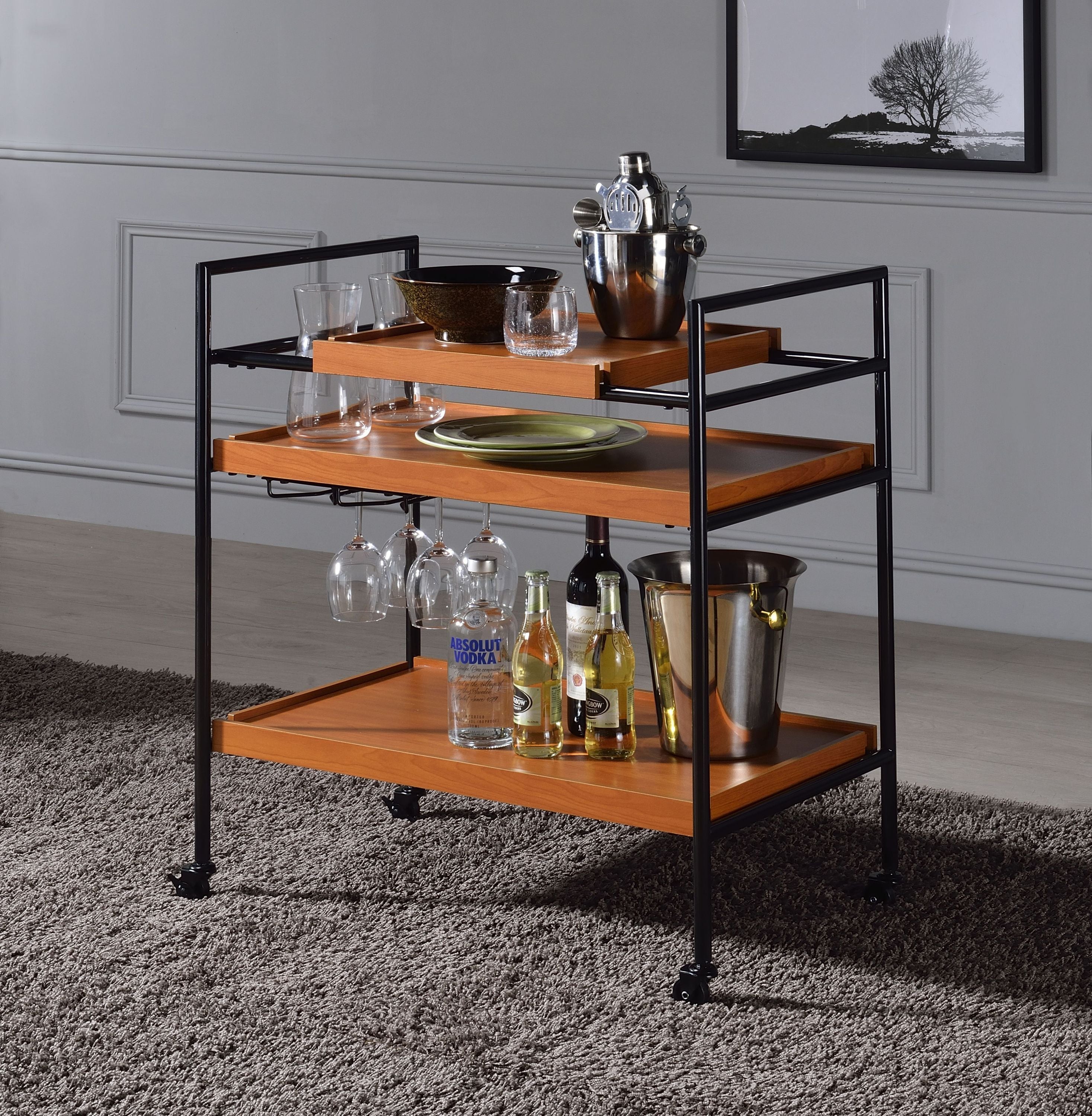 ACME Oaken Serving Cart in Honey Oak & Black 98675