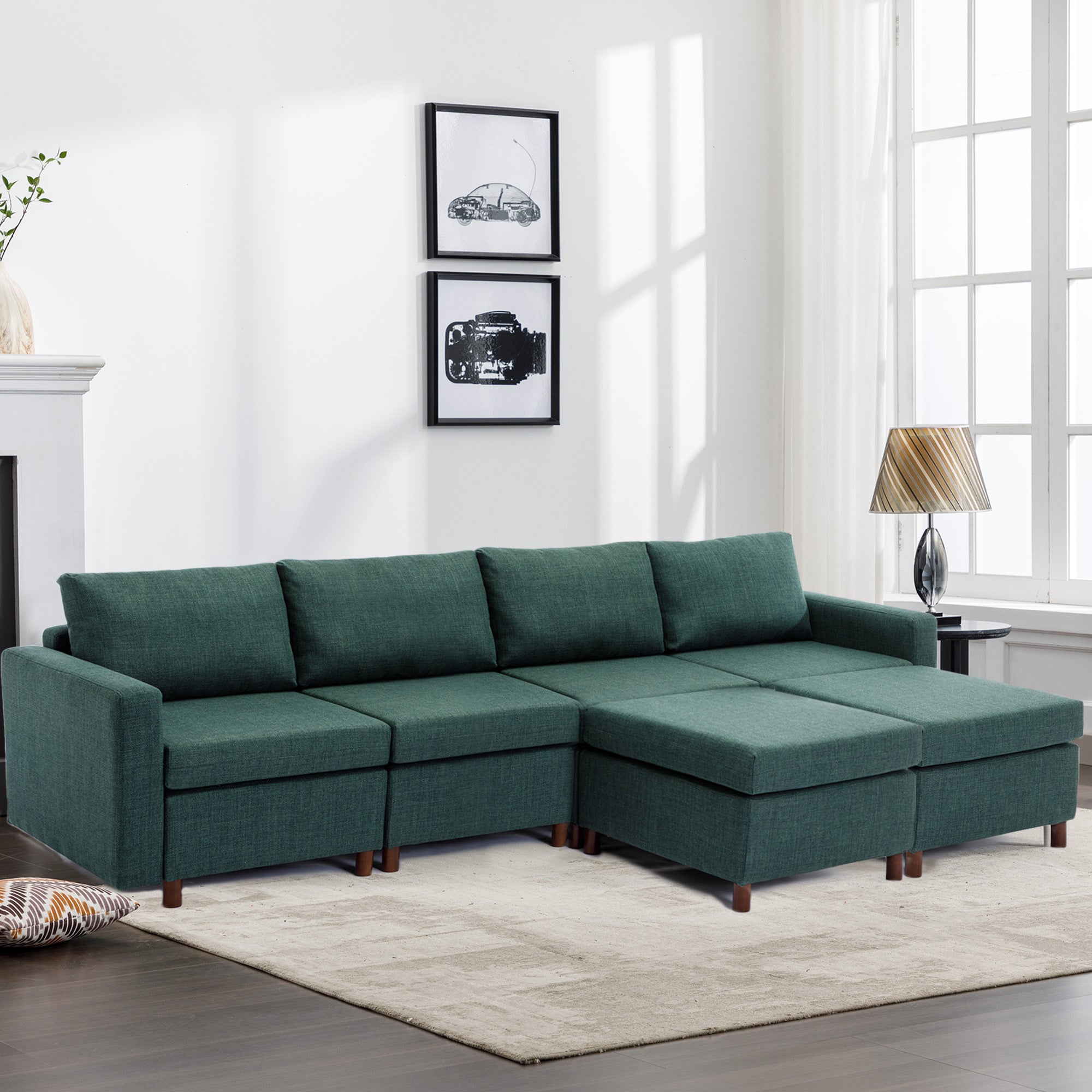 4 Seat Module Sectional Sofa Couch With 2 Ottoman for living room,Seat Cushion and Back Cushion Non-Removable and Non-Washable,Green