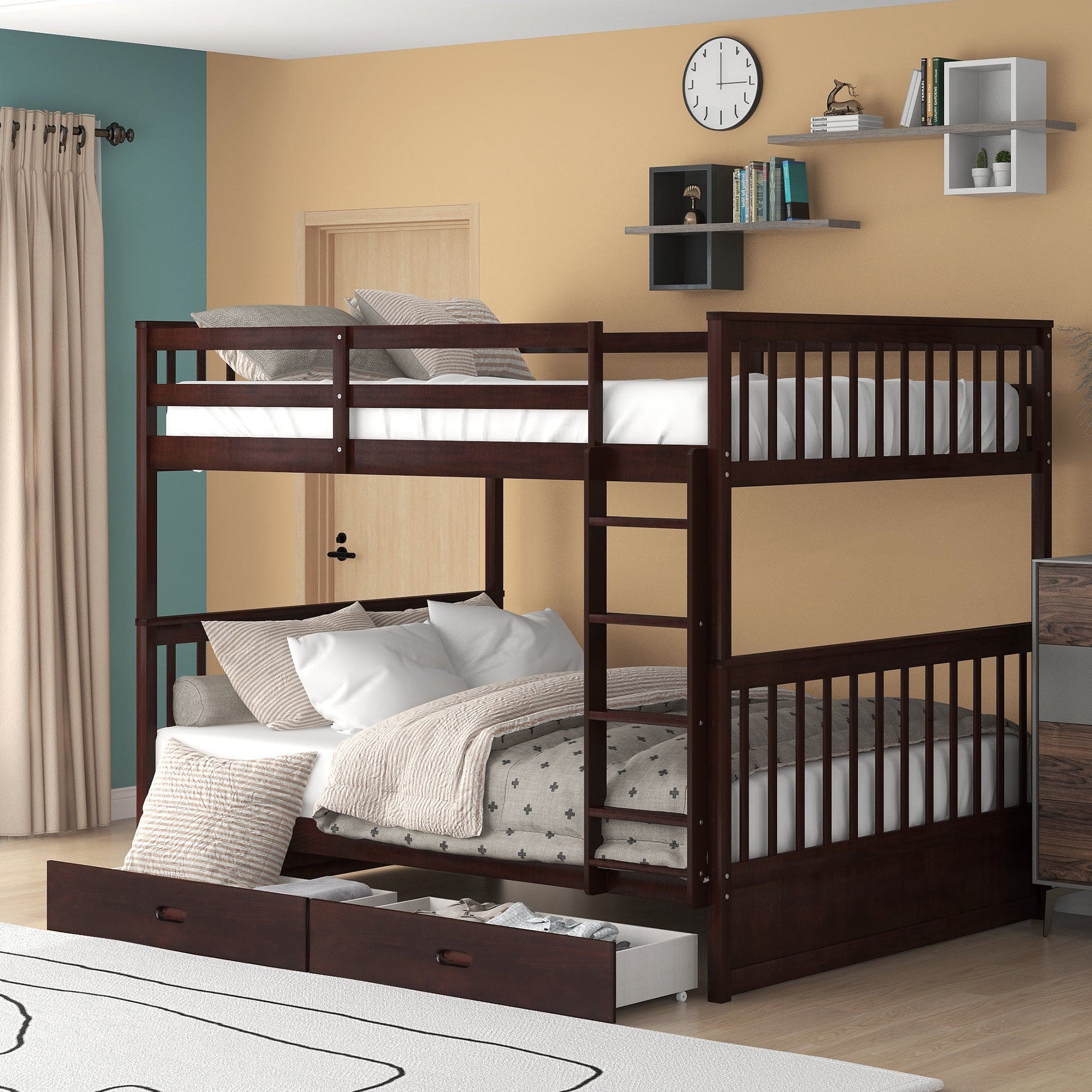 Full-Over-Full Bunk Bed with Ladders and Two Storage Drawers (Espresso)(OLD SKU:LT000365AAP)