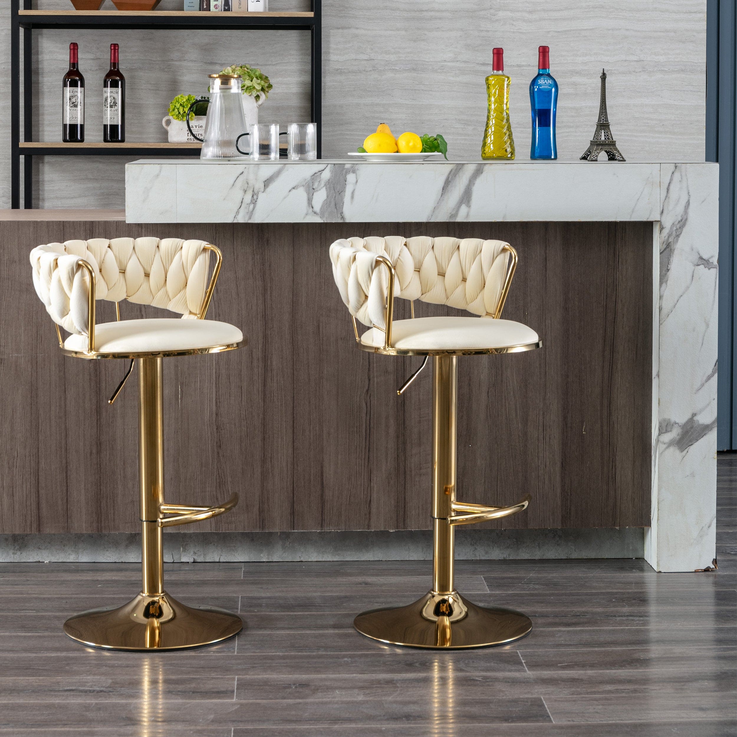 Set of 2  Bar Stools,with Chrome Footrest and Base Swivel Height Adjustable Mechanical Lifting Velvet + Golden Leg Simple Bar Stool-Cream