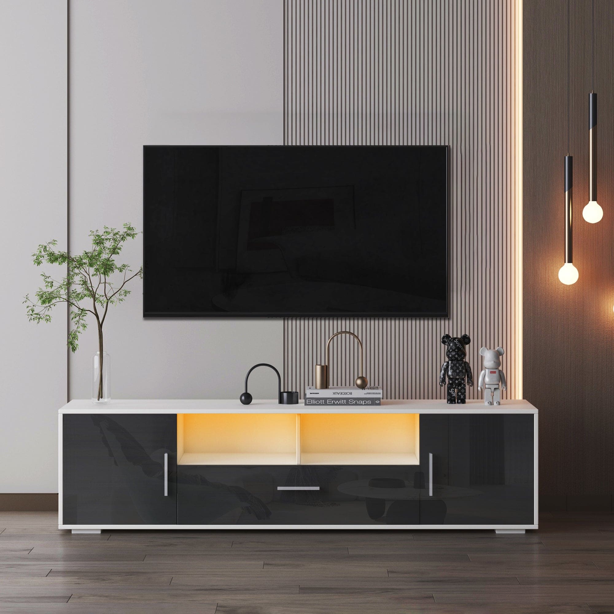 FashionTV stand,TV Cabinet,entertainment center TV station,TV console,console with LED light belt, light belt can be remote control,with cabinets,open cells,for the living room,bedroom,white+dark gray