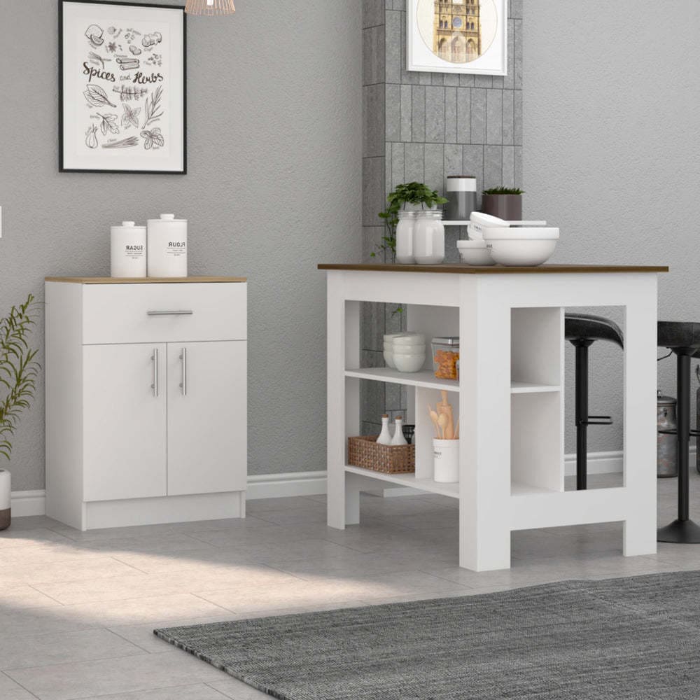 California 2 Piece Kitchen Set, Delos Kitchen Island + Barbados Pantry Cabinet , White /Walnut /Light Oak