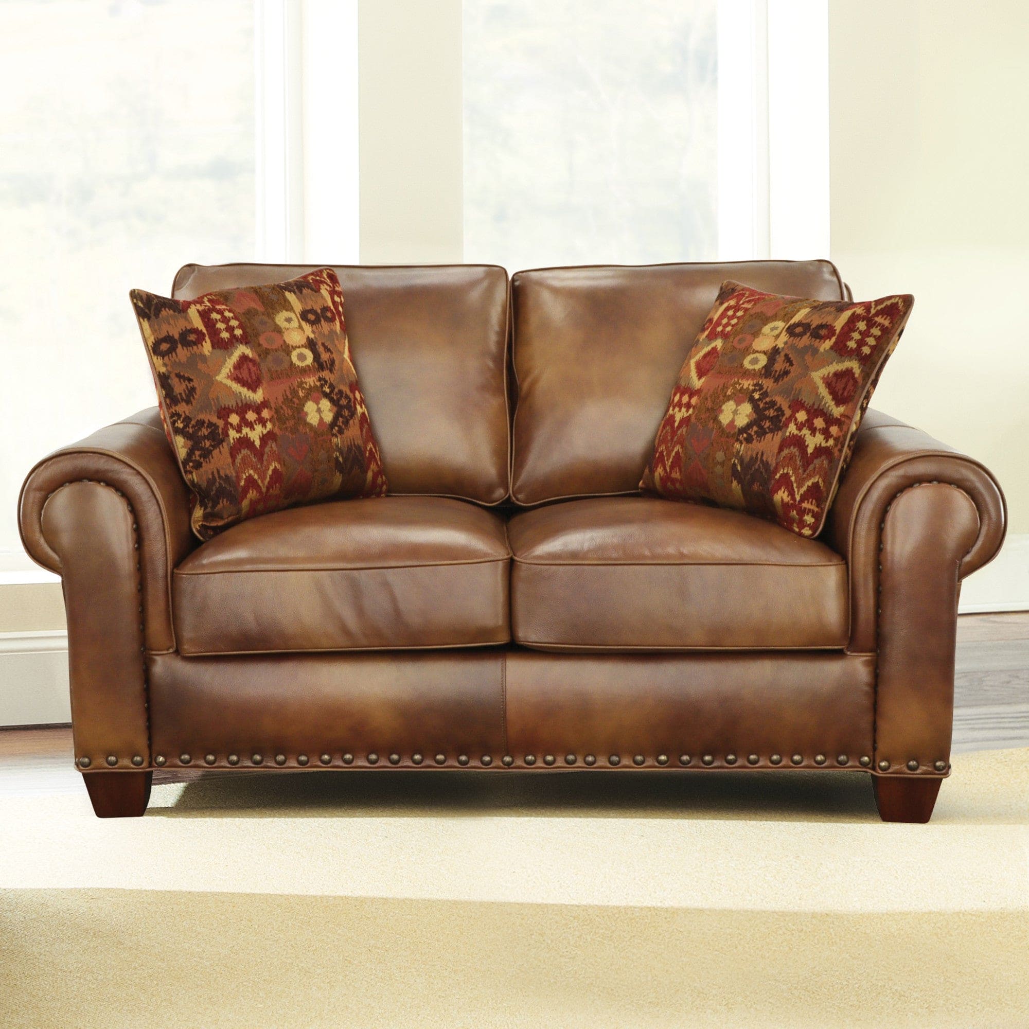 Rustic Leather Collection Loveseat - Premium Construction, Nail-Head Trim - Maximum Comfort and Style