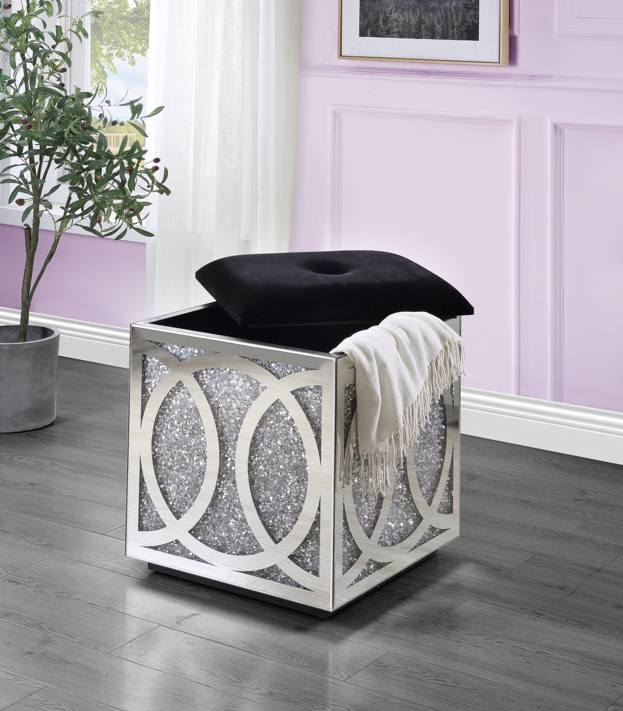 ACME Noralie OTTOMAN W/STORAGE Mirrored & Faux Diamonds AC00529