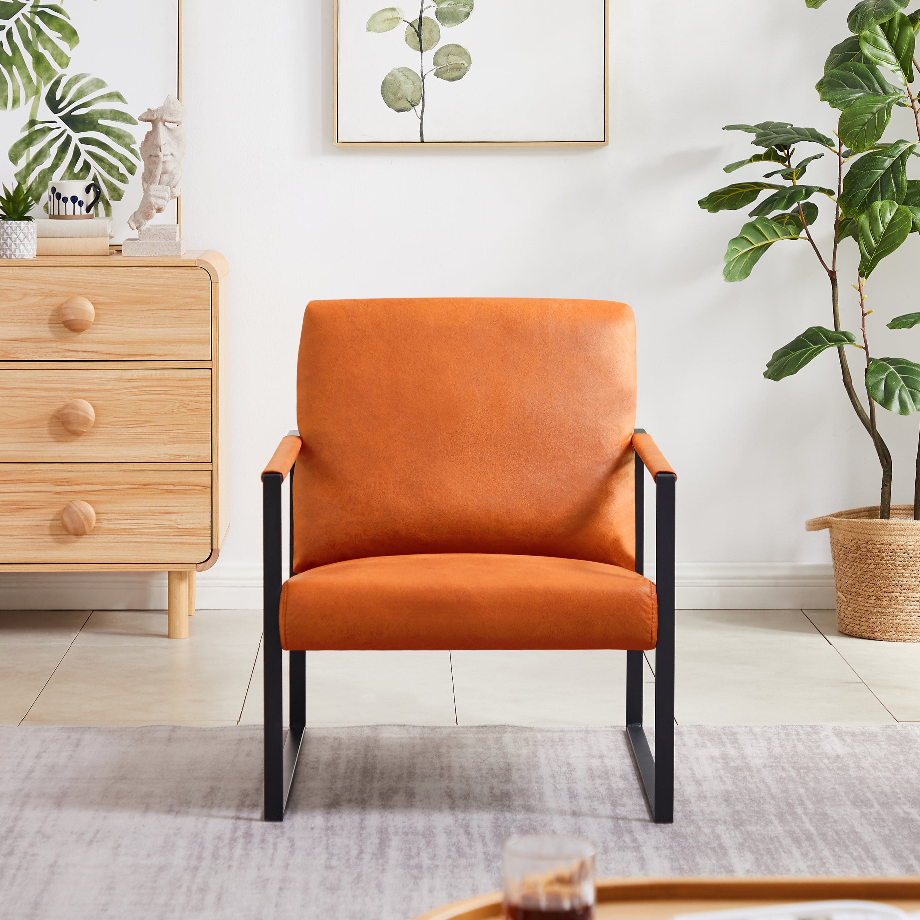 Lounge, living room, office or the reception area PU leather accent arm chair with Extra thick padded backrest and seat cushion sofa chairs,Non-slip adsorption feet,sturdy metal frame,Orange