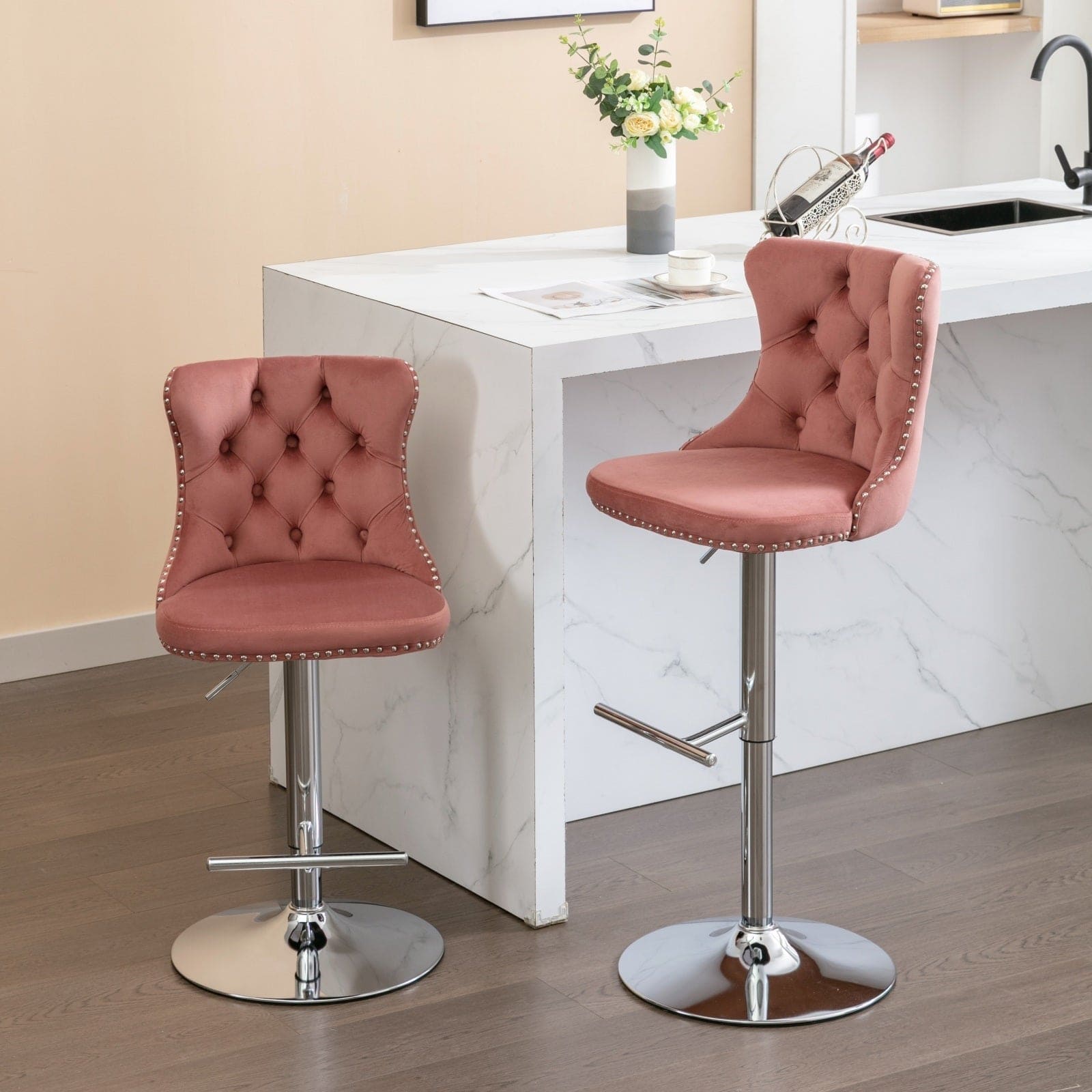 Swivel Velvet Barstools Pink Set of 2