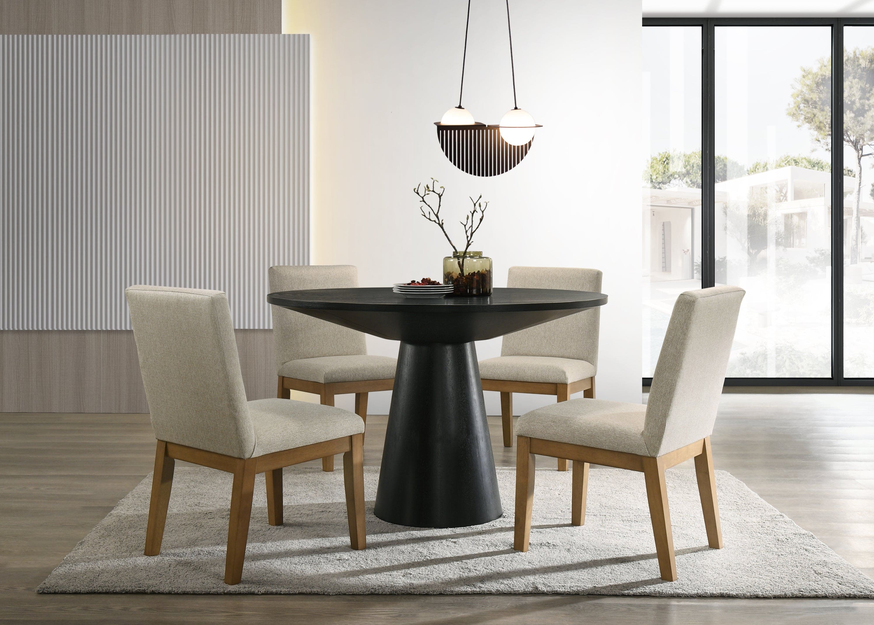 Jasper Ebony Black 5 Piece 47" Wide Contemporary Round Dining Table Set with Beige Fabric Chairs