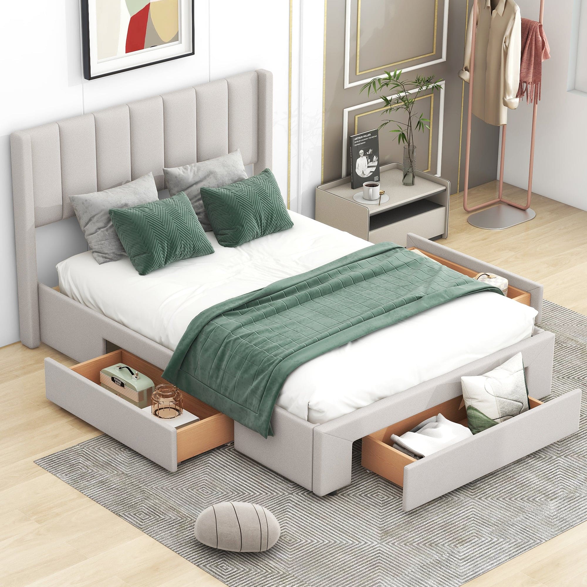 Full Size Upholstered Platform Bed with One Large Drawer in the Footboard and Drawer on Each Side,Beige