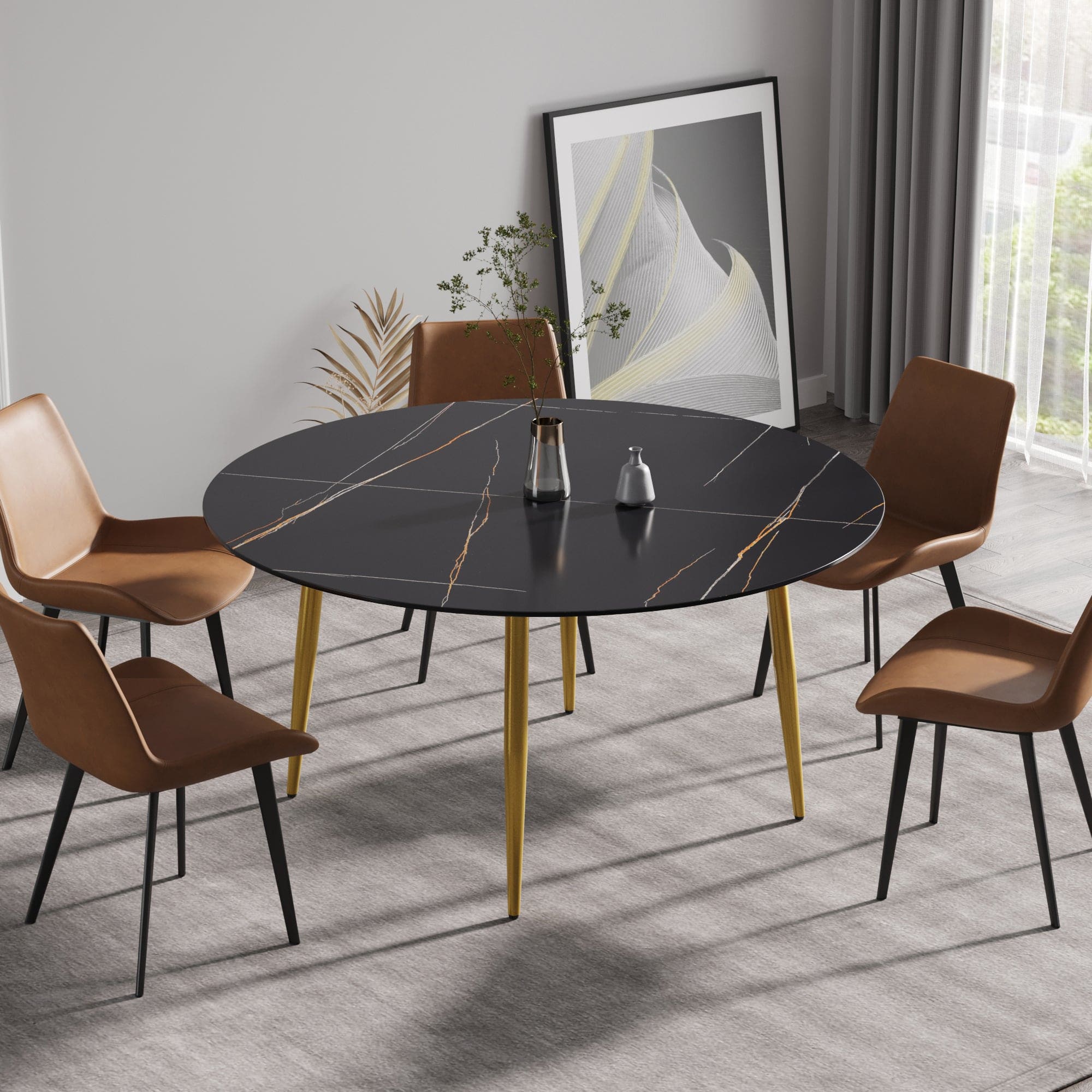 59.05"Modern man-made stone round golden metal dining table-position for 6 people