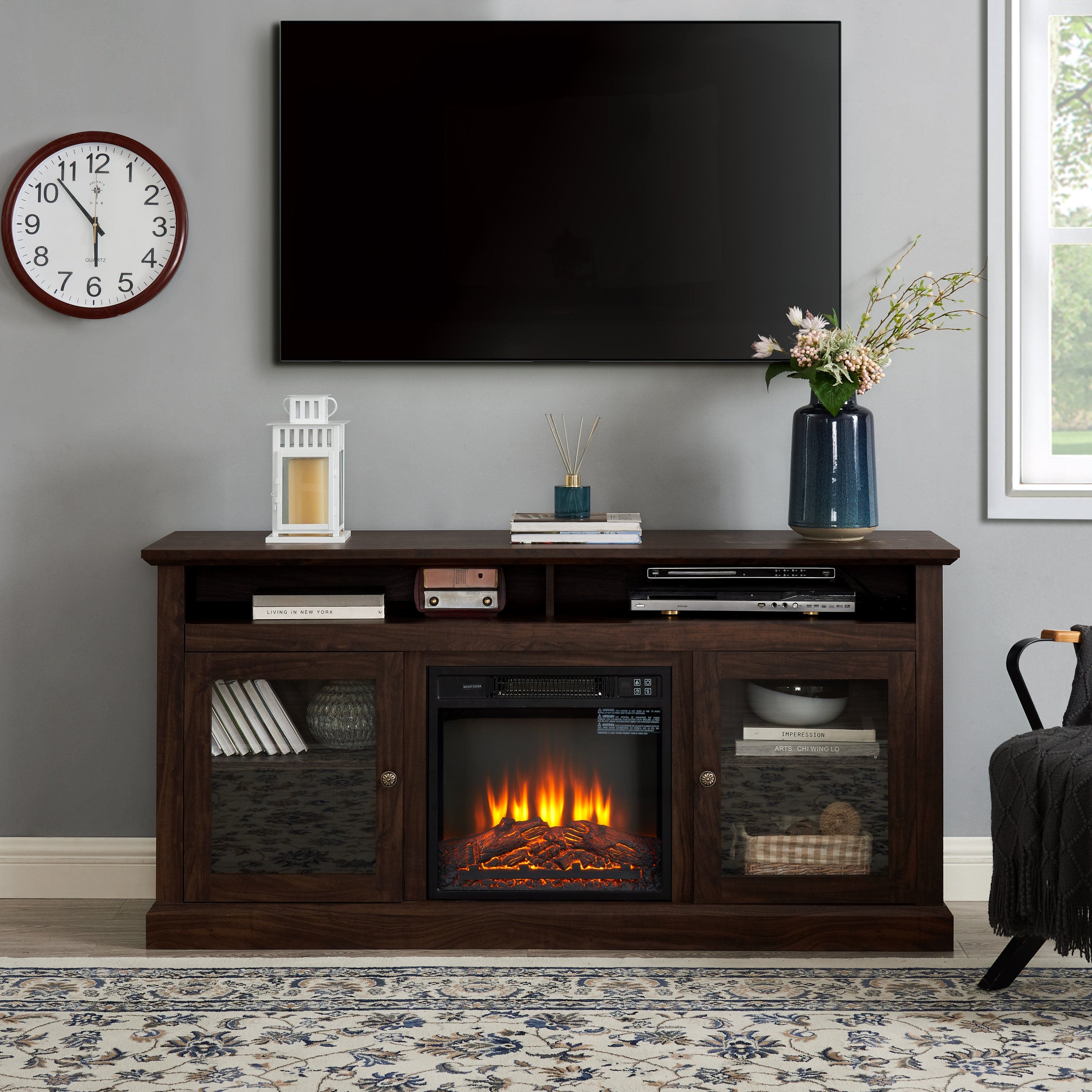 Contemporary TV Media Stand Modern Entertainment Console with 18" Fireplace Insert for TV Up to 65" with Open and Closed Storage Space, Brown, 60"W*15.75"D*29"H