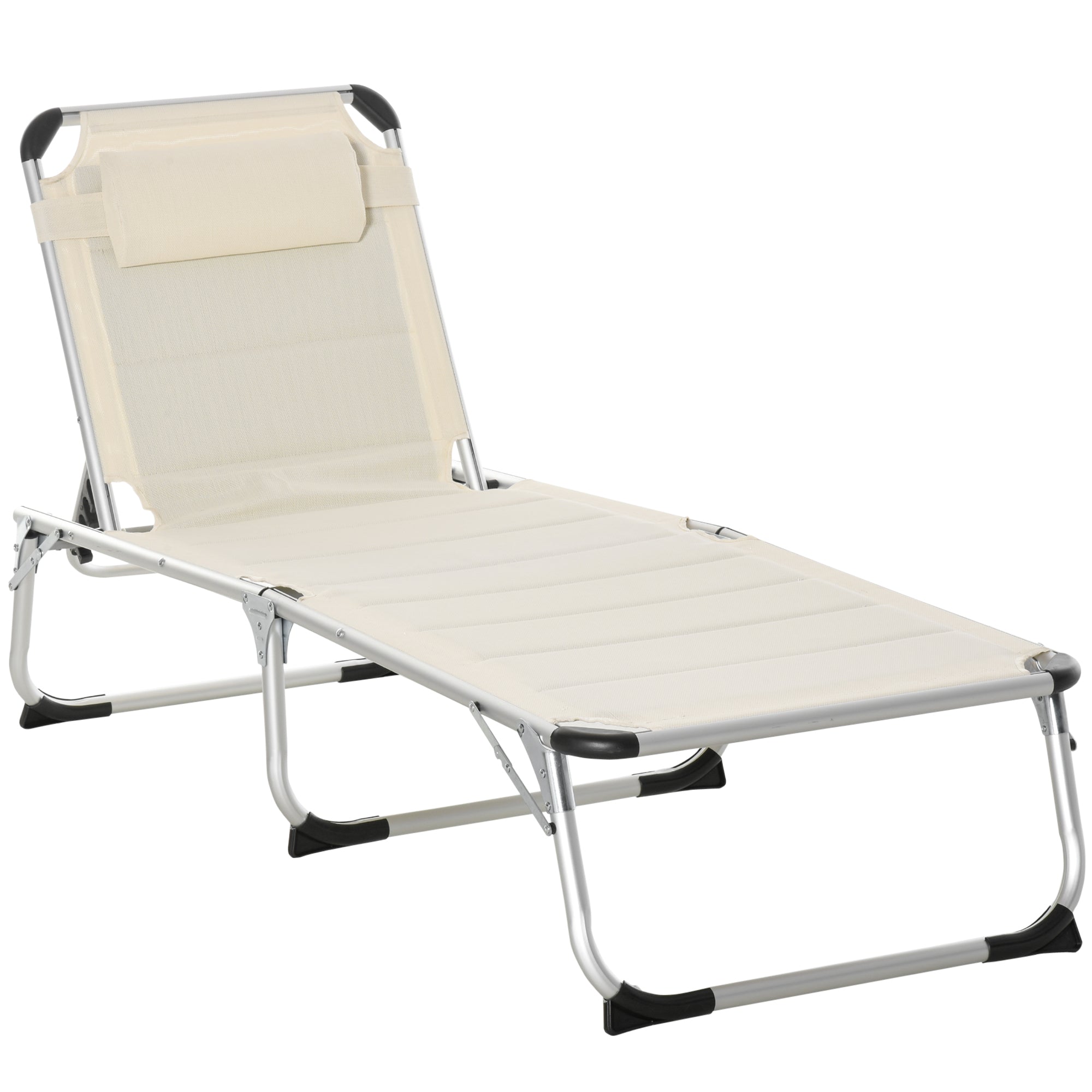 Outsunny Foldable Outdoor Chaise Lounge Chair, 5-Level Reclining Camping Tanning Chair with Aluminum Frame, Padding, and Headrest for Beach, Yard, Patio, Pool, White