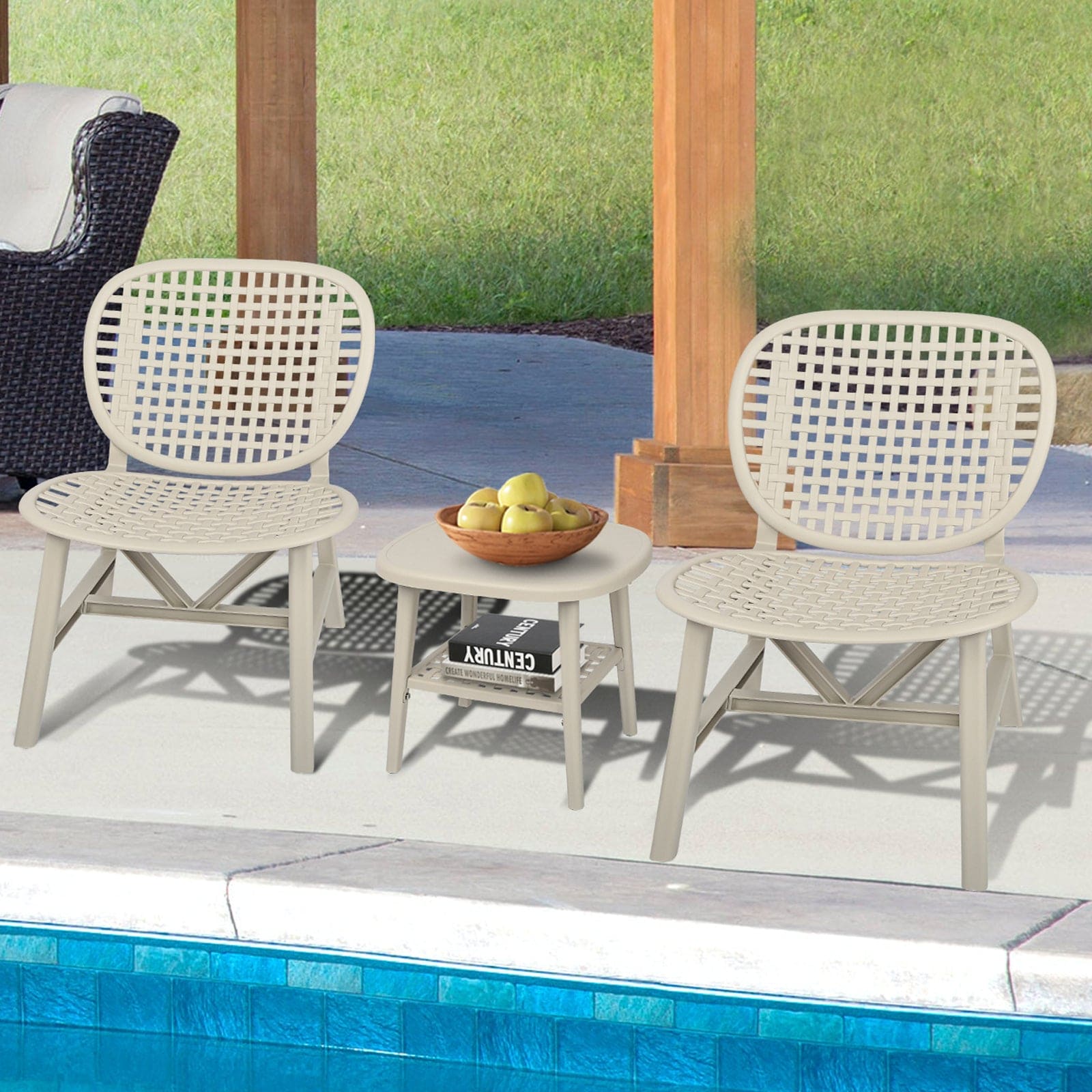 3 Pieces Hollow Design Retro Patio Table Chair Set White