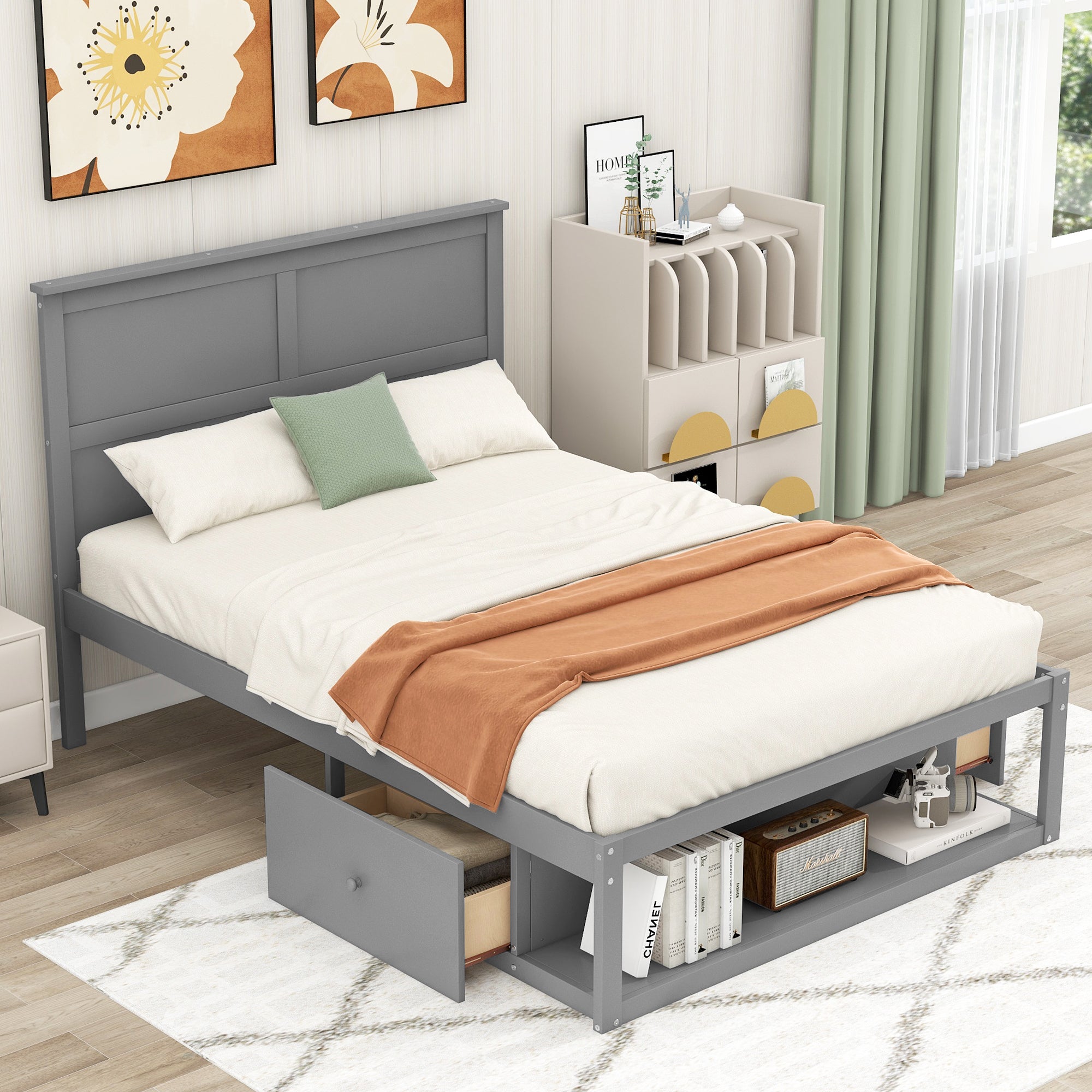 Full Size Platform Bed with Drawer on the Each Side and Shelf on the End of the Bed, Gray