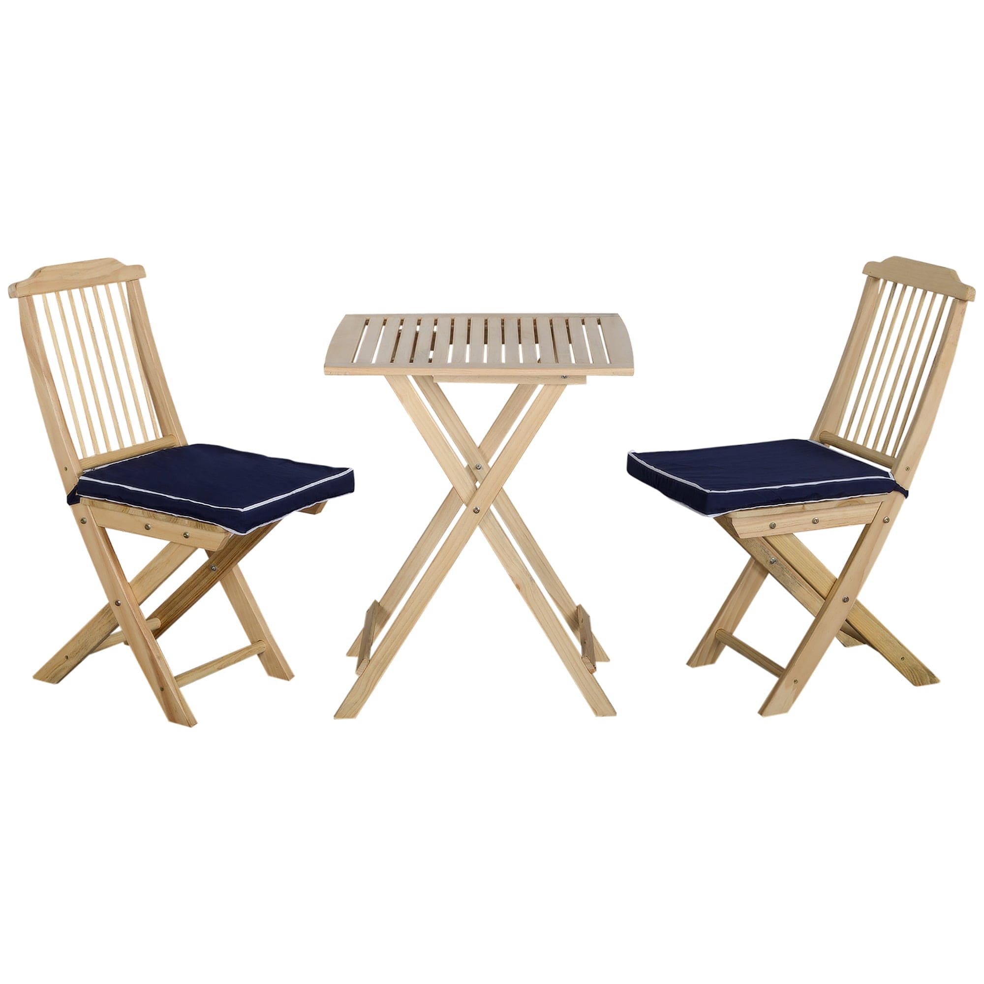 Outsunny 3 Pieces Patio Folding Bistro Set, Outdoor Pine Wood Table and Chairs Set with Tie-on Cushion & Square Coffee Table, Great for Indoor, Poolside, Garden, Dark Blue