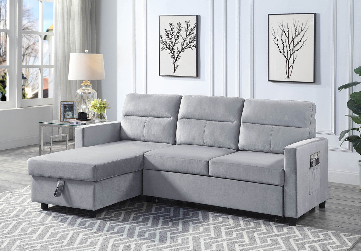 Ruby Light Gray Velvet Reversible Sleeper Sectional Sofa with Storage Chaise and Side Pocket