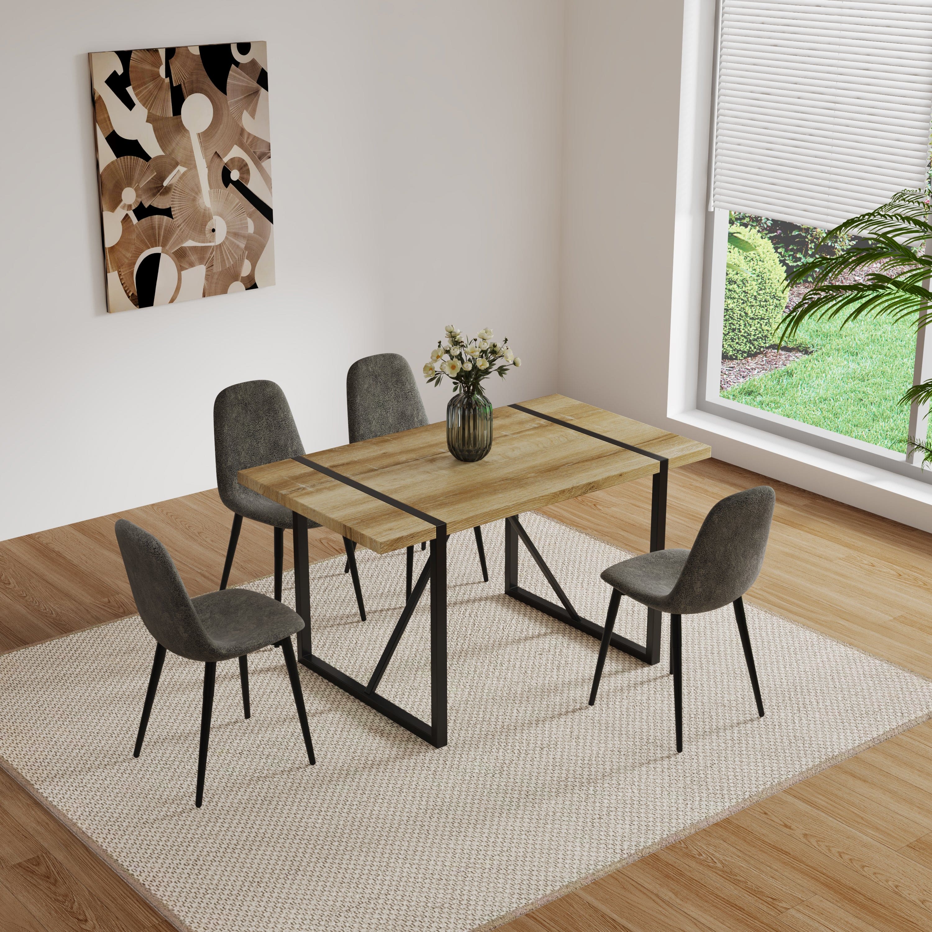 MDF Wood Colour Dining Table and Modern Dining Chairs Set of 4, Mid Century Wooden Kitchen Table Set, Metal Base & Legs, Dining Room Table and Suede Chairs