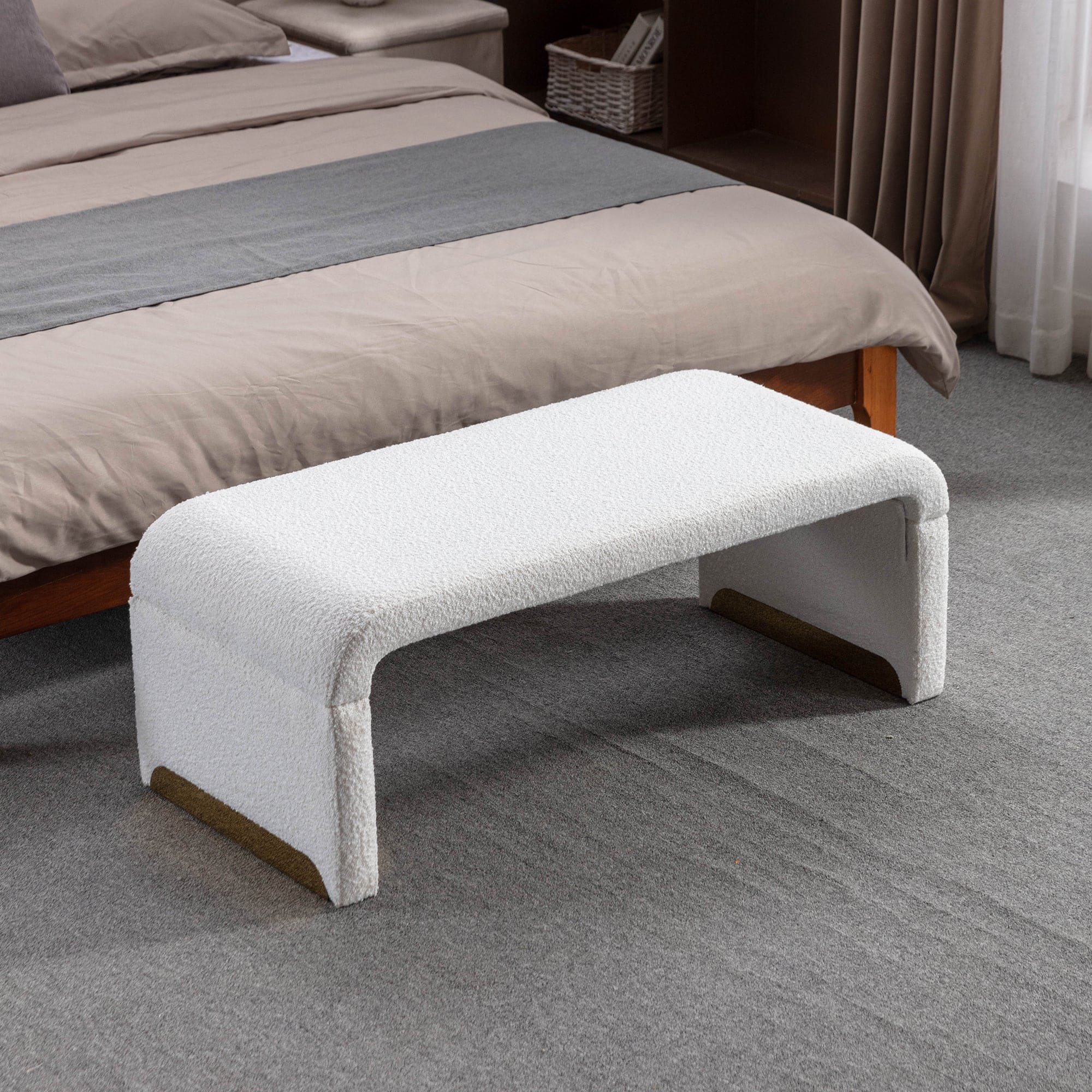 New Boucle Fabric Loveseat Ottoman Footstool Bedroom Bench Shoe Bench With Gold Metal Legs,Ivory White